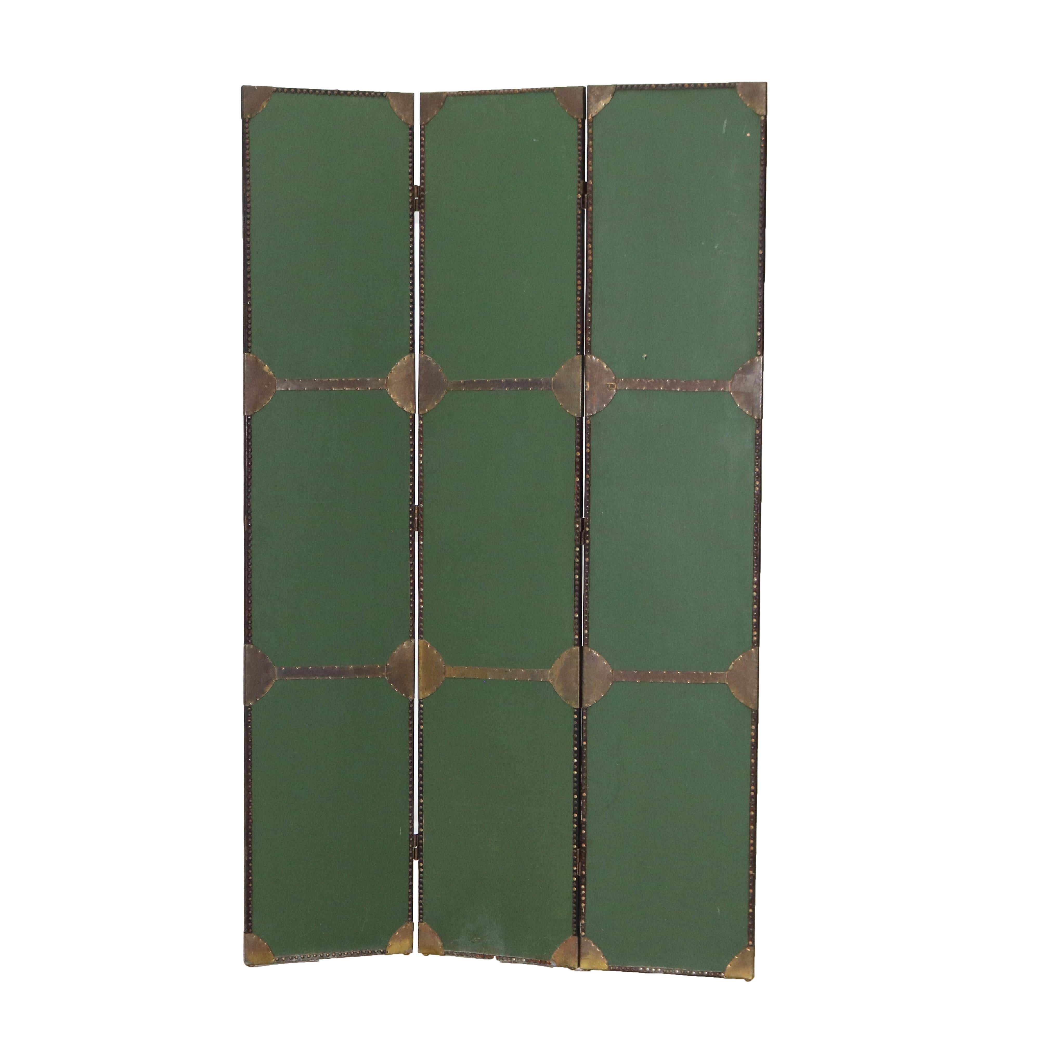 20th Century Antique Arts & Crafts Leather & Brass Three Panel Screen C1920