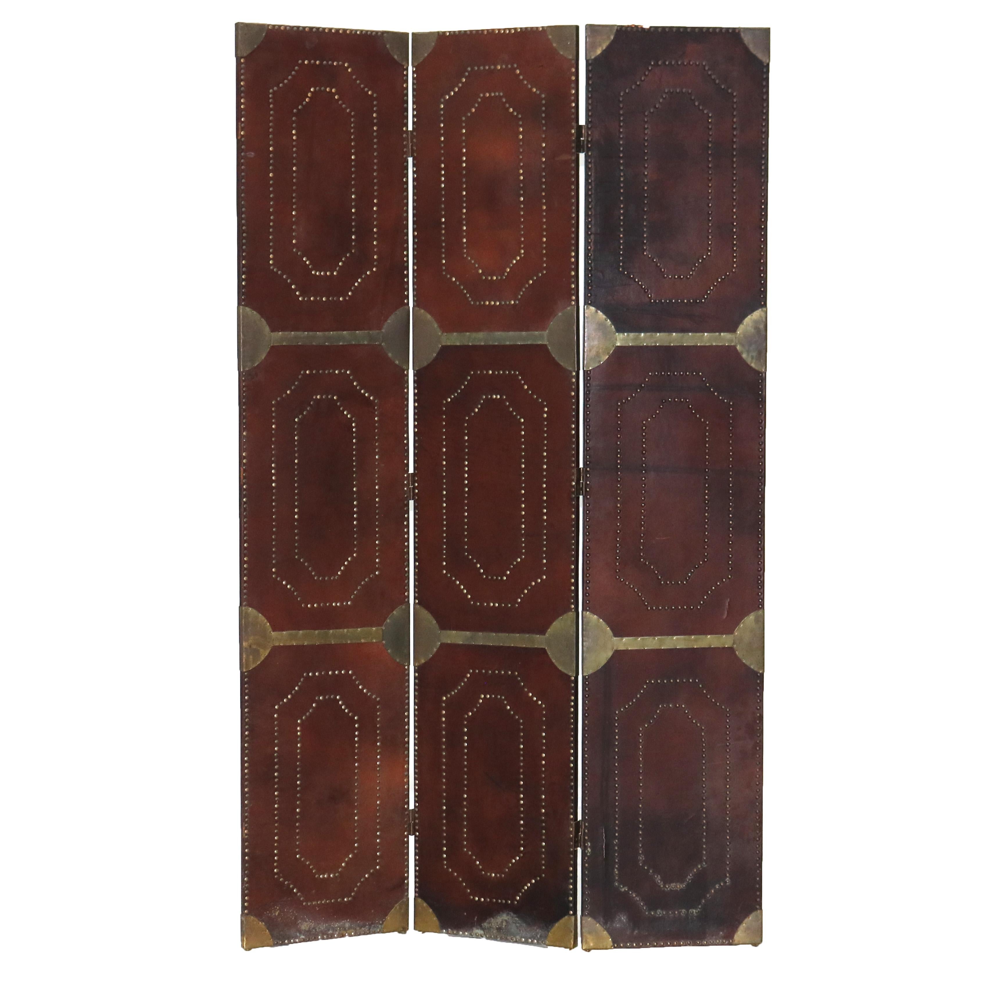 Antique Arts & Crafts Leather & Brass Three Panel Screen C1920 1