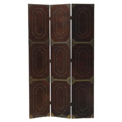 Antique Arts & Crafts Leather & Brass Three Panel Screen C1920