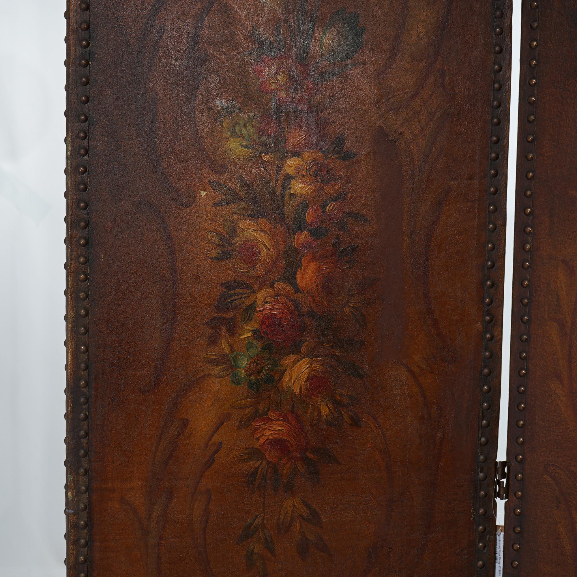Antique Arts & Crafts Leather Folding Screen with Polychromed Floral Design 4