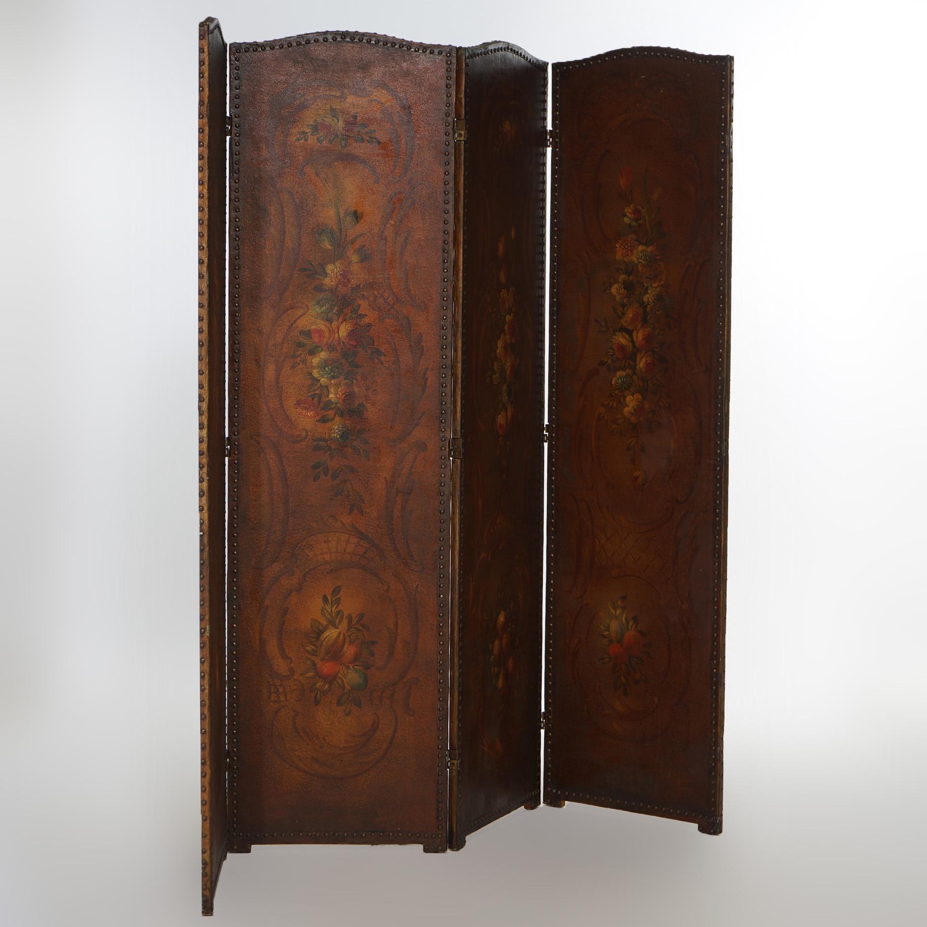 Antique Arts and Crafts Leather Folding Screen with Polychromed Floral Design C1920

Measures- 78.25''H x 84''W x 1''D