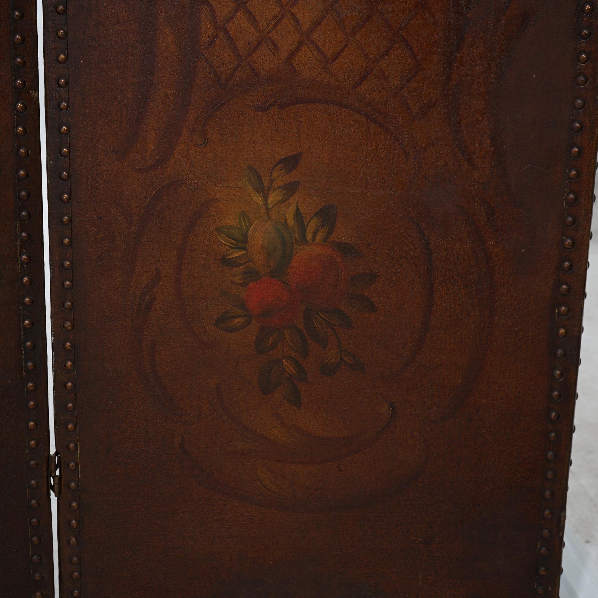 Arts and Crafts Antique Arts & Crafts Leather Folding Screen with Polychromed Floral Design