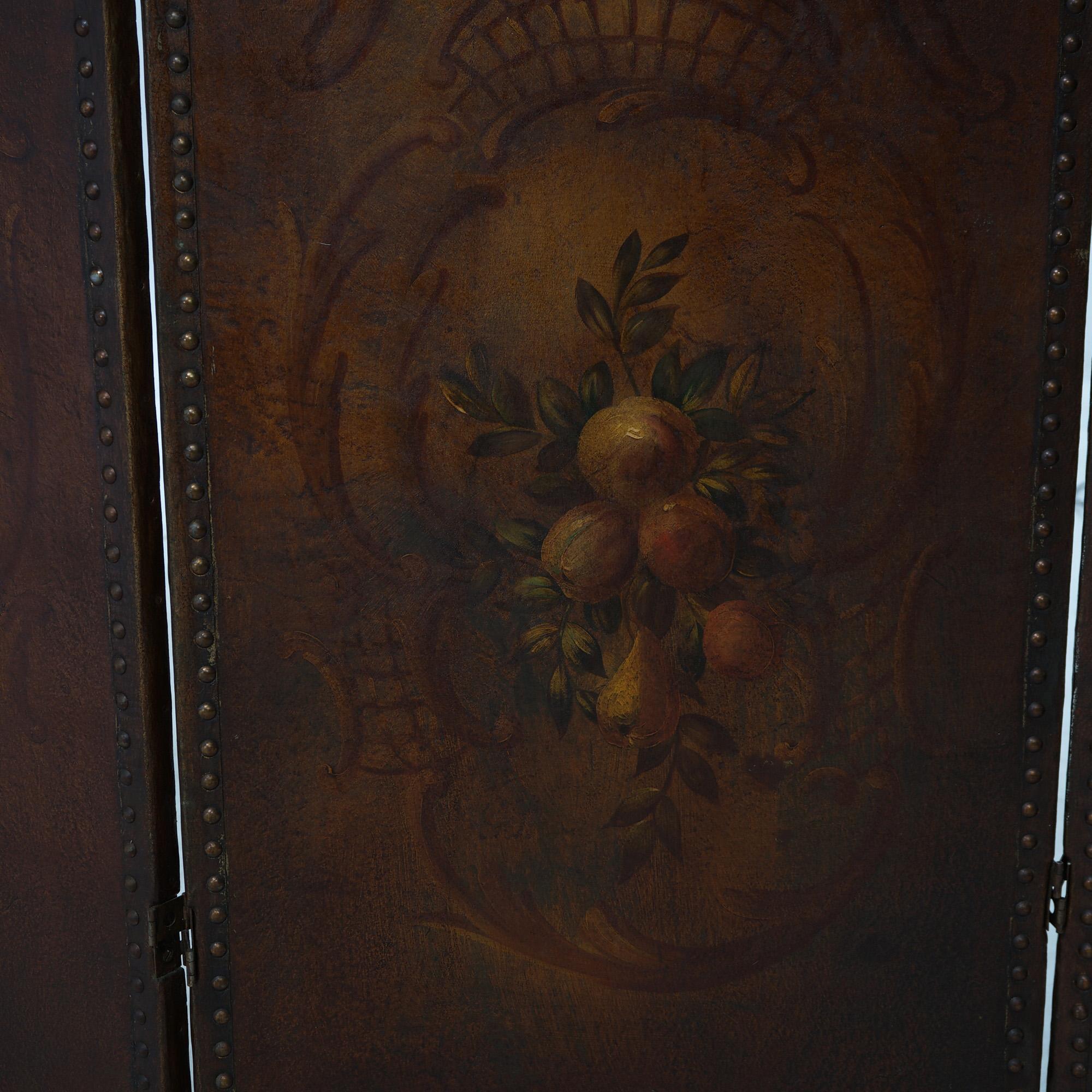 Antique Arts & Crafts Leather Folding Screen with Polychromed Floral Design In Good Condition In Big Flats, NY
