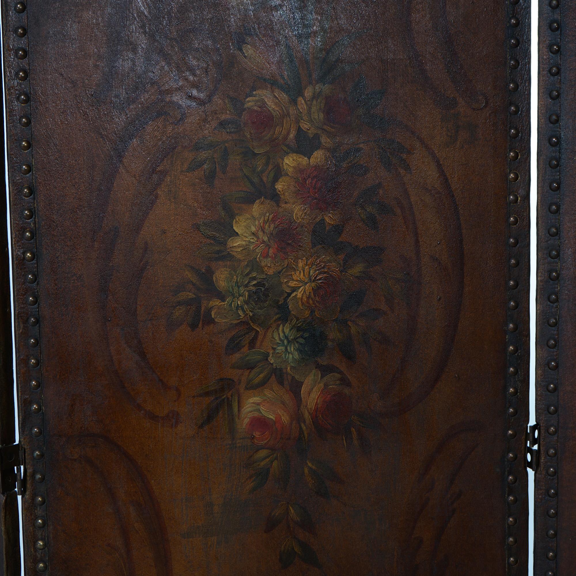 20th Century Antique Arts & Crafts Leather Folding Screen with Polychromed Floral Design