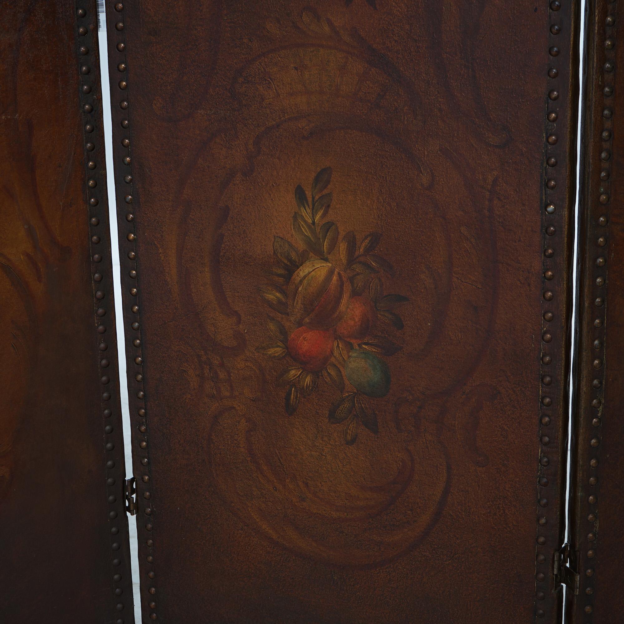 Antique Arts & Crafts Leather Folding Screen with Polychromed Floral Design 1