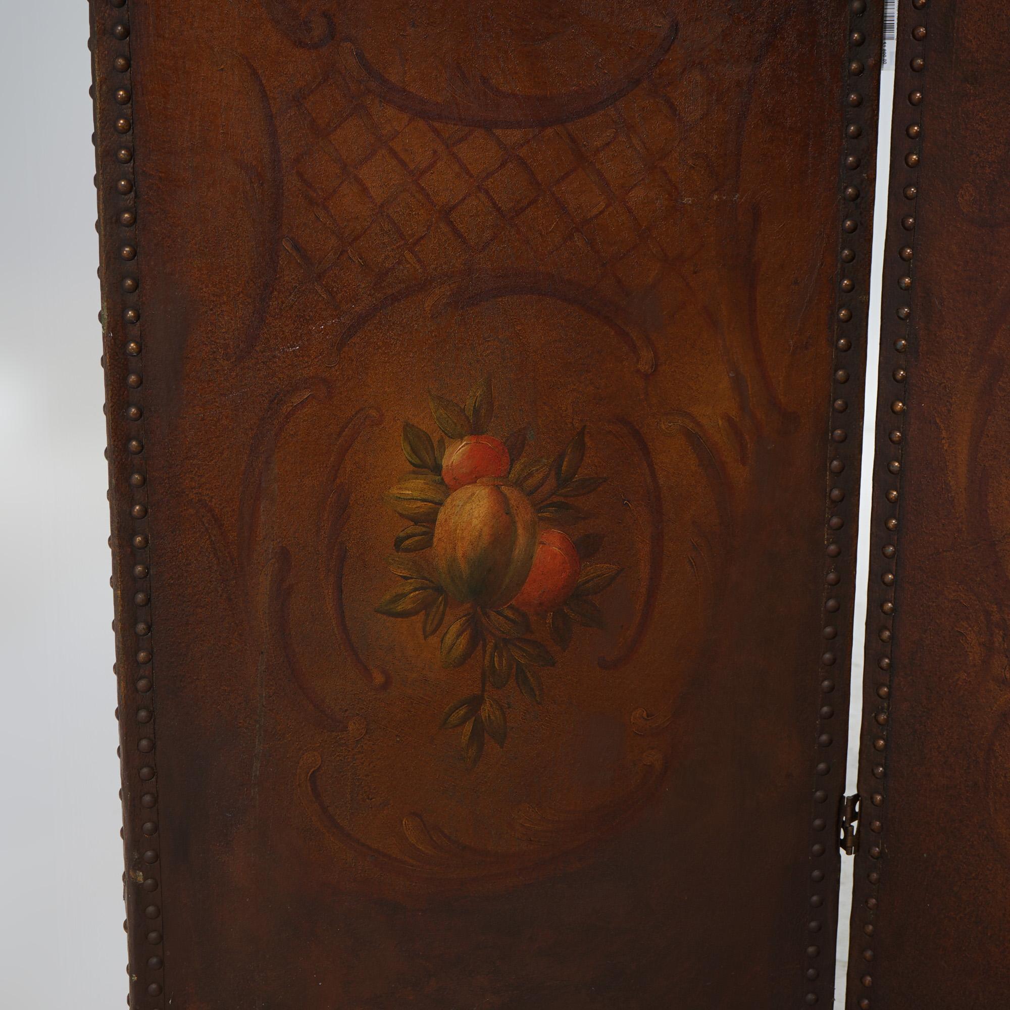 Antique Arts & Crafts Leather Folding Screen with Polychromed Floral Design 2