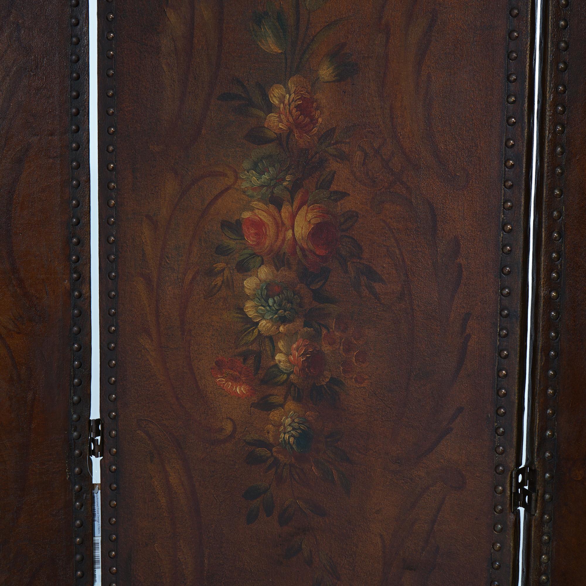 Antique Arts & Crafts Leather Folding Screen with Polychromed Floral Design 3