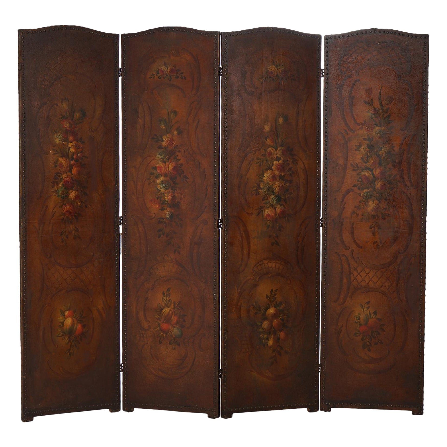 Antique Arts 
Crafts Leather Folding Screen with Polychromed Floral Design