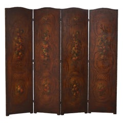 Paravento in pelle d'epoca Arts & Crafts con disegno floreale policromato