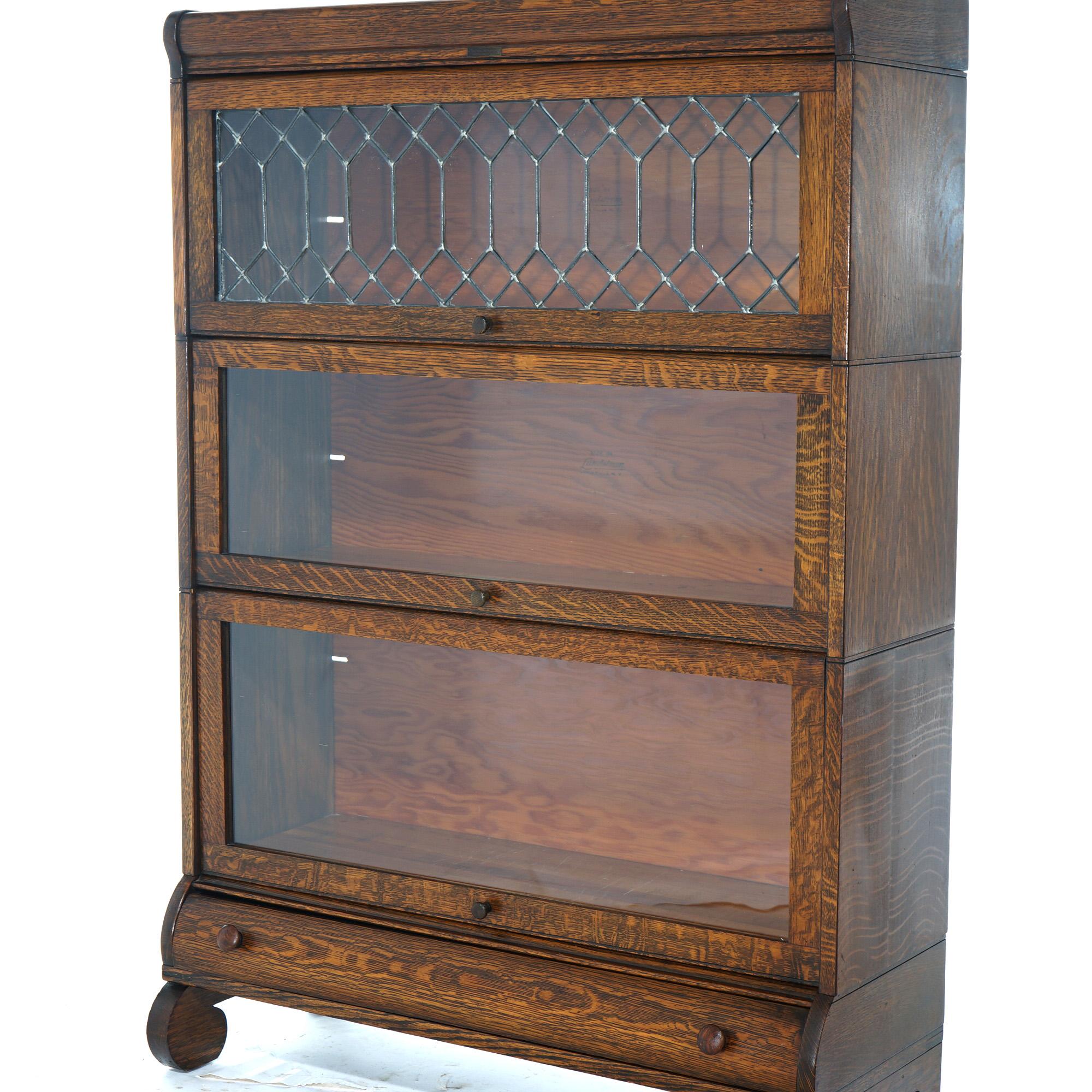 Antique Arts & Crafts Lundstrom Oak & Leaded Glass Barrister Bookcase, c1910 1