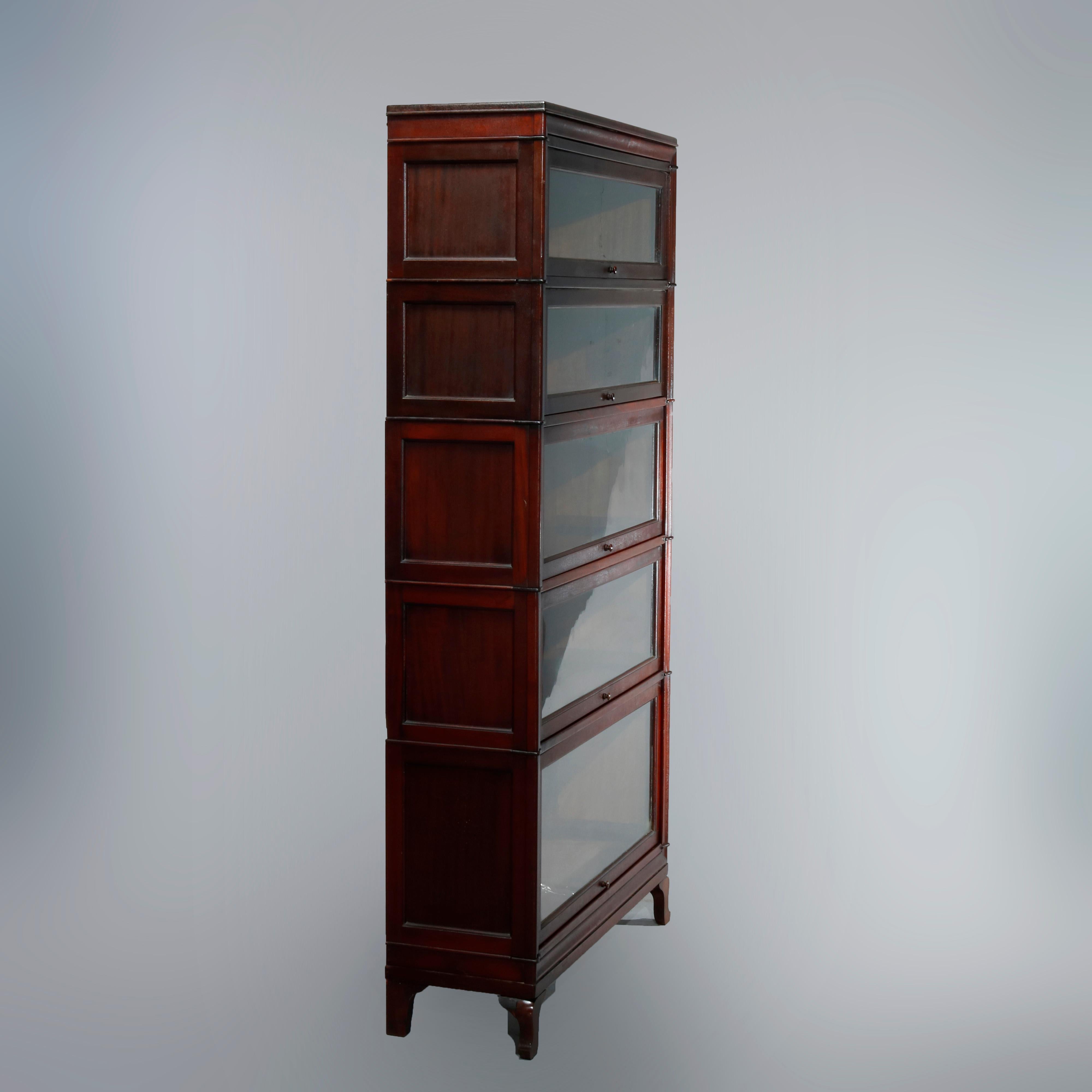 Carved Antique Arts & Crafts Macey Mahogany Five-Stack Barrister Bookcase, Circa 1910