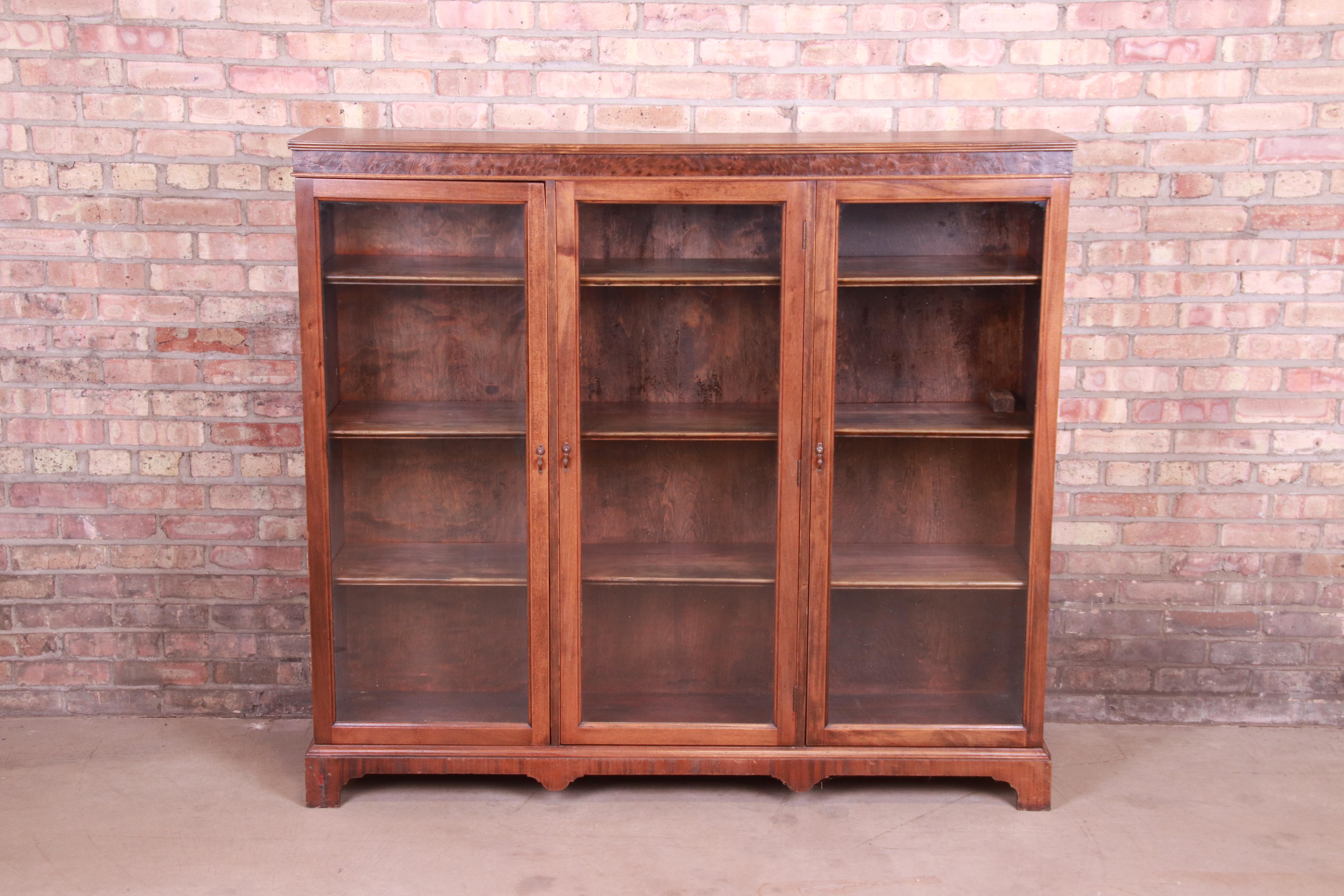 Arts and Crafts Antique Arts & Crafts Mahogany and Burled Walnut Glass Front Triple Bookcase