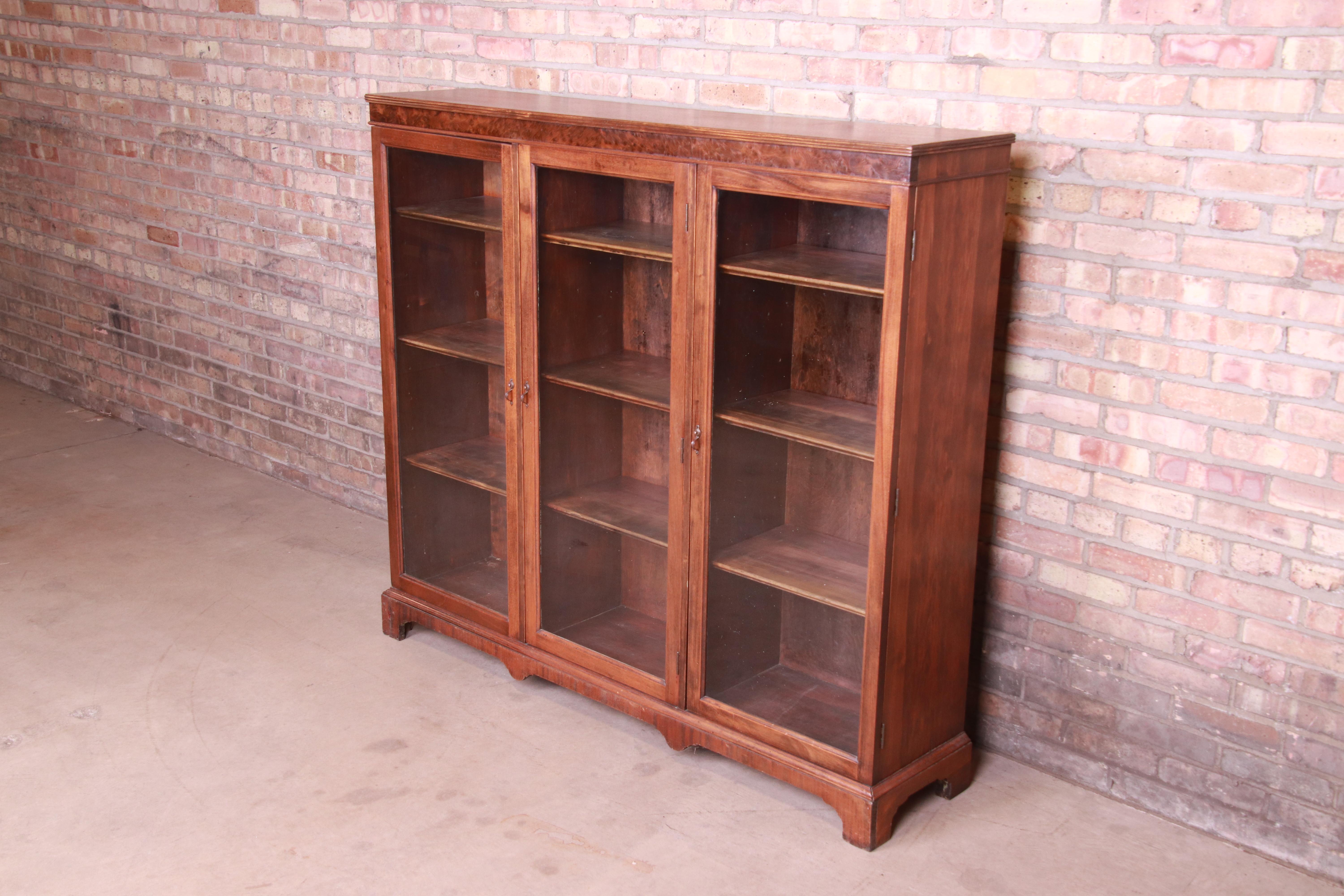 American Antique Arts & Crafts Mahogany and Burled Walnut Glass Front Triple Bookcase