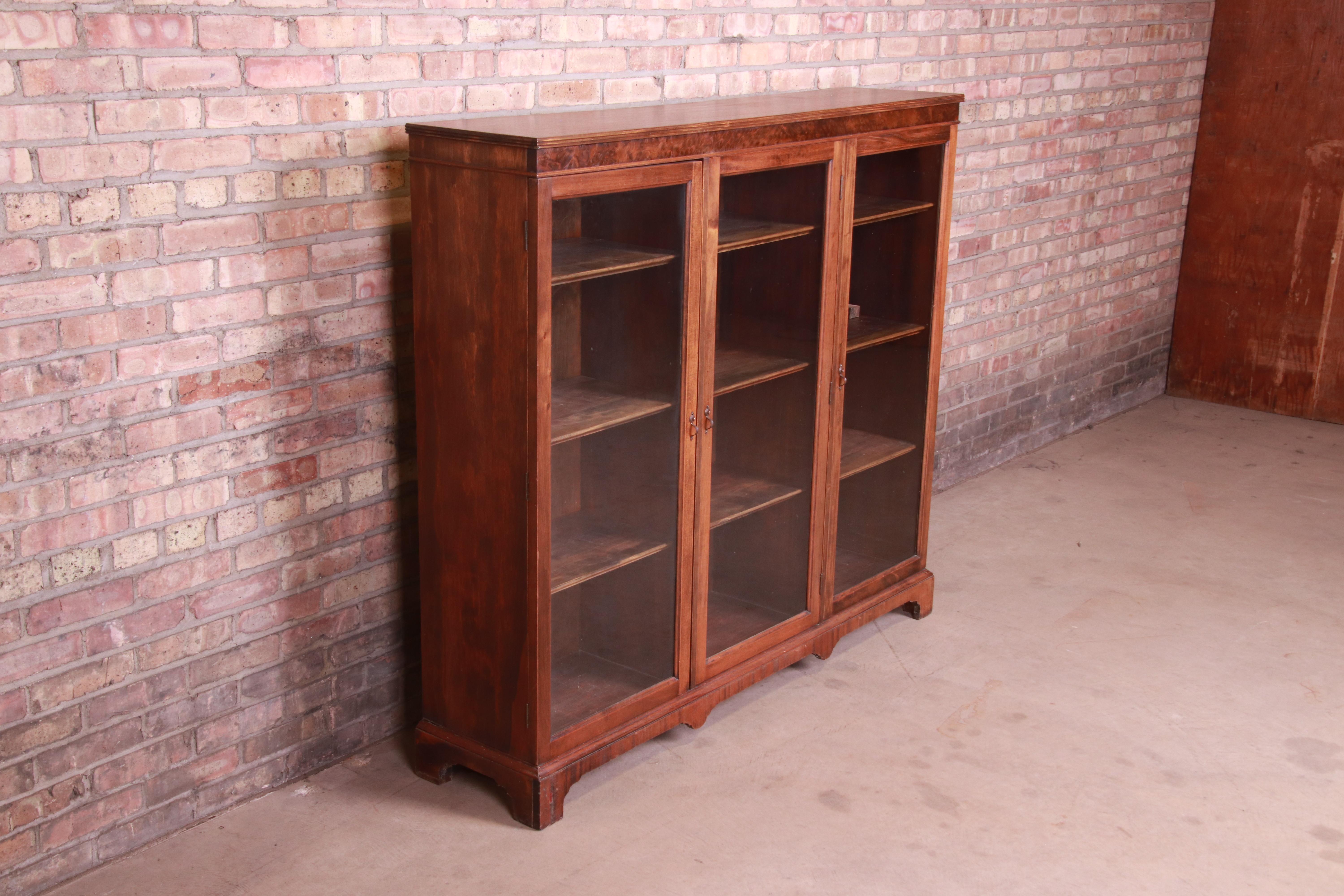 Antique Arts & Crafts Mahogany and Burled Walnut Glass Front Triple Bookcase In Good Condition In South Bend, IN