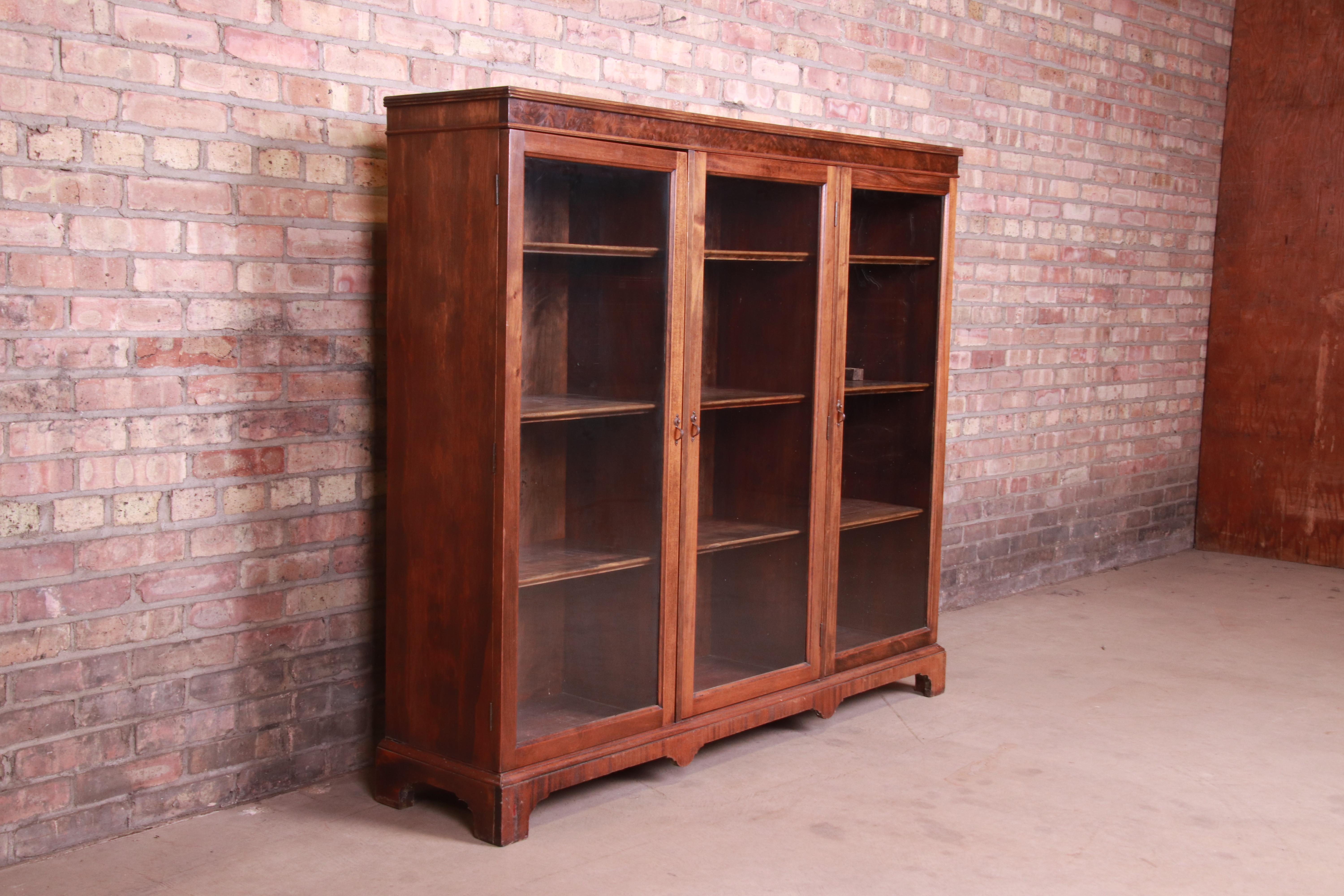 20th Century Antique Arts & Crafts Mahogany and Burled Walnut Glass Front Triple Bookcase