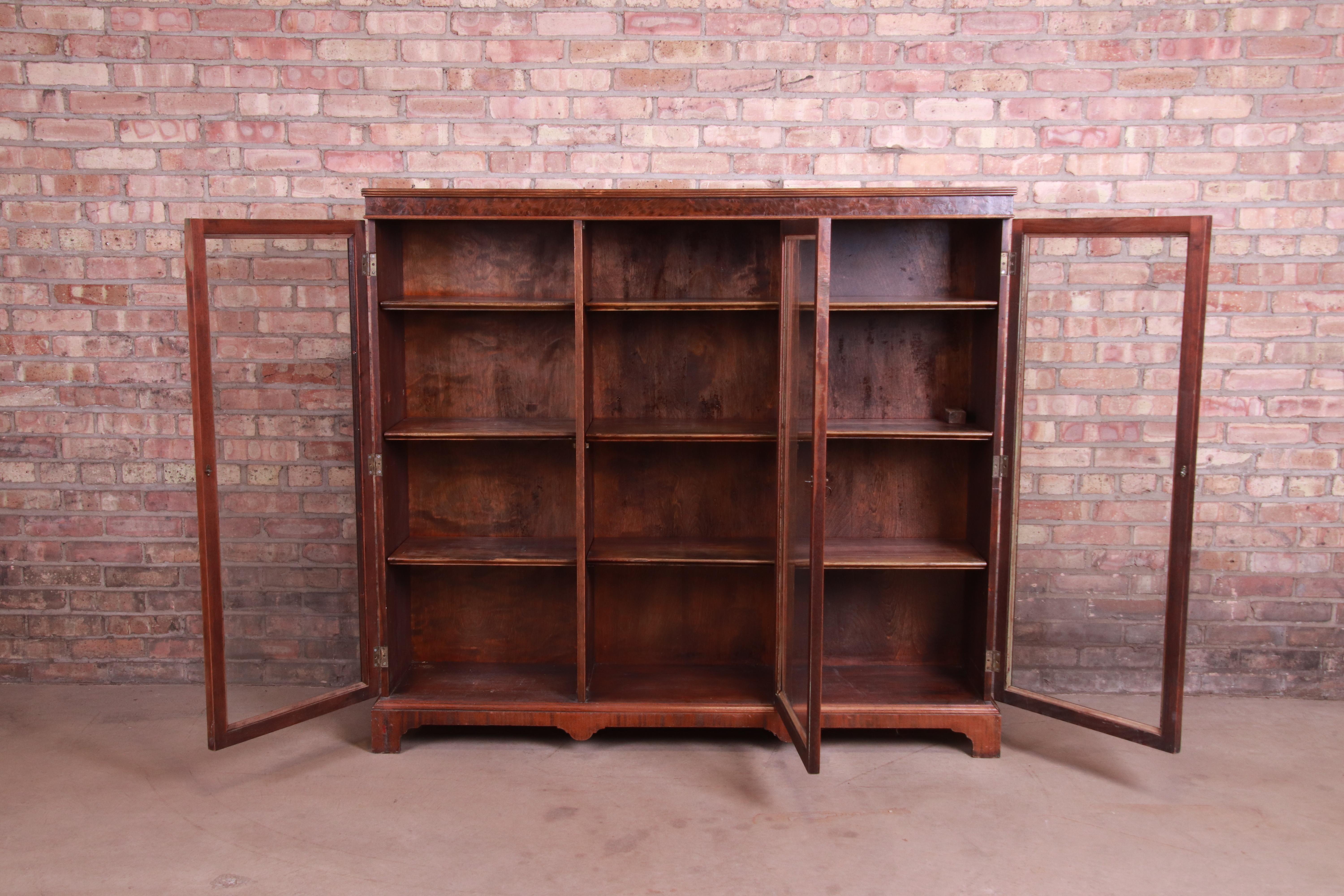 Brass Antique Arts & Crafts Mahogany and Burled Walnut Glass Front Triple Bookcase