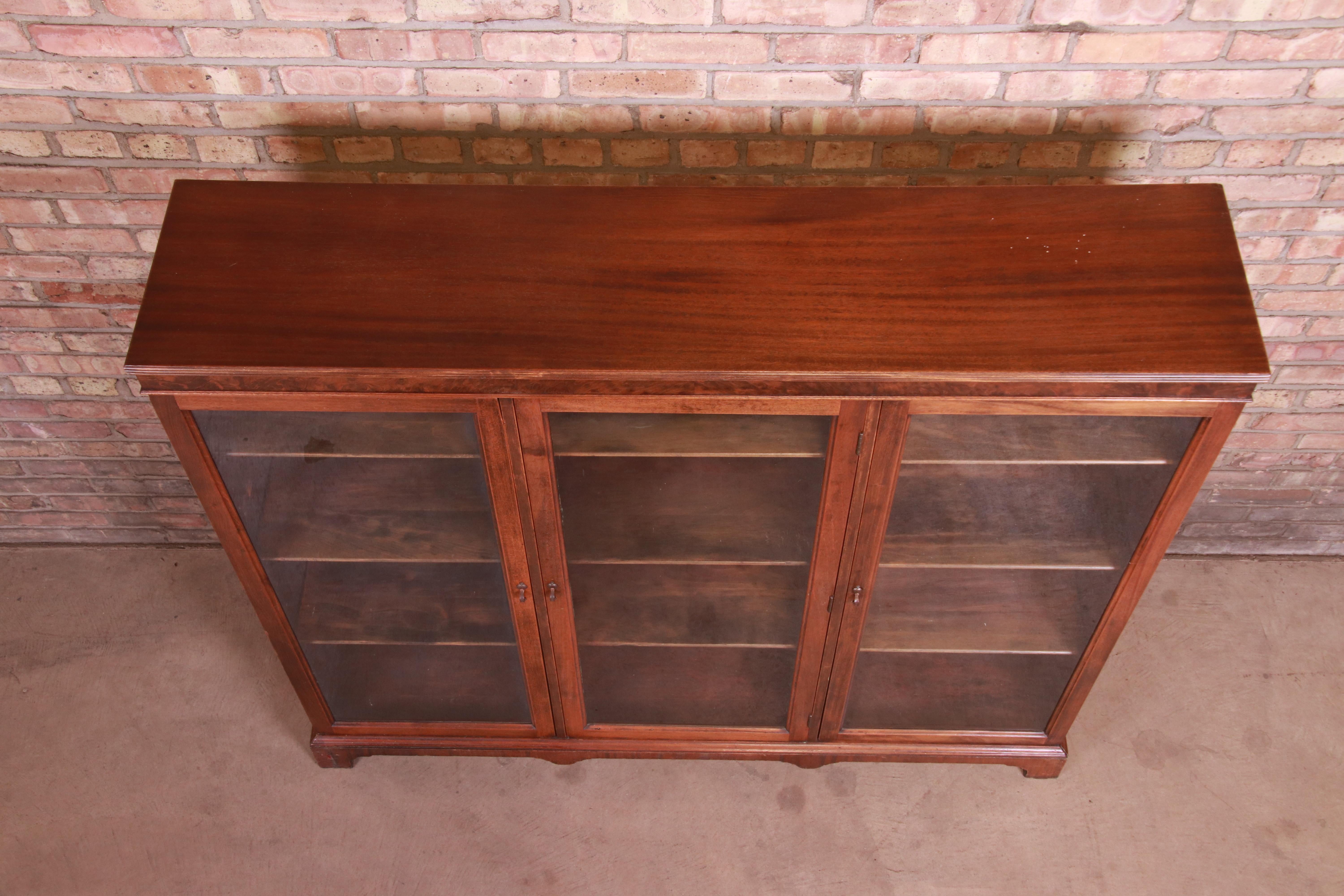 Antique Arts & Crafts Mahogany and Burled Walnut Glass Front Triple Bookcase 2