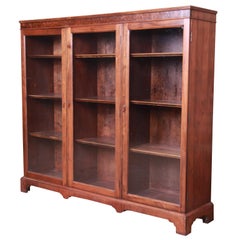 Antique Arts & Crafts Mahogany and Burled Walnut Glass Front Triple Bookcase