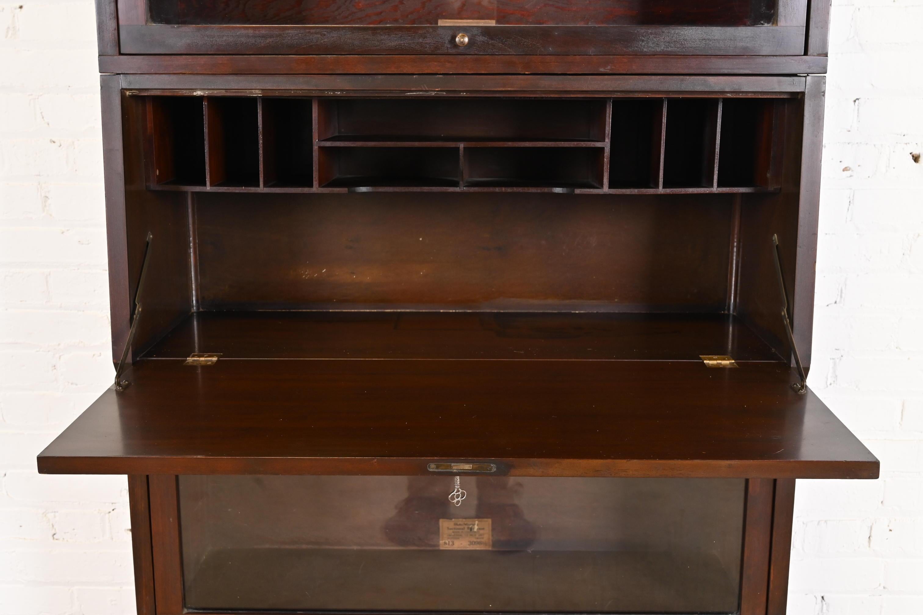 American Antique Arts & Crafts Mahogany Barrister Bookcase with Drop Front Secretary Desk