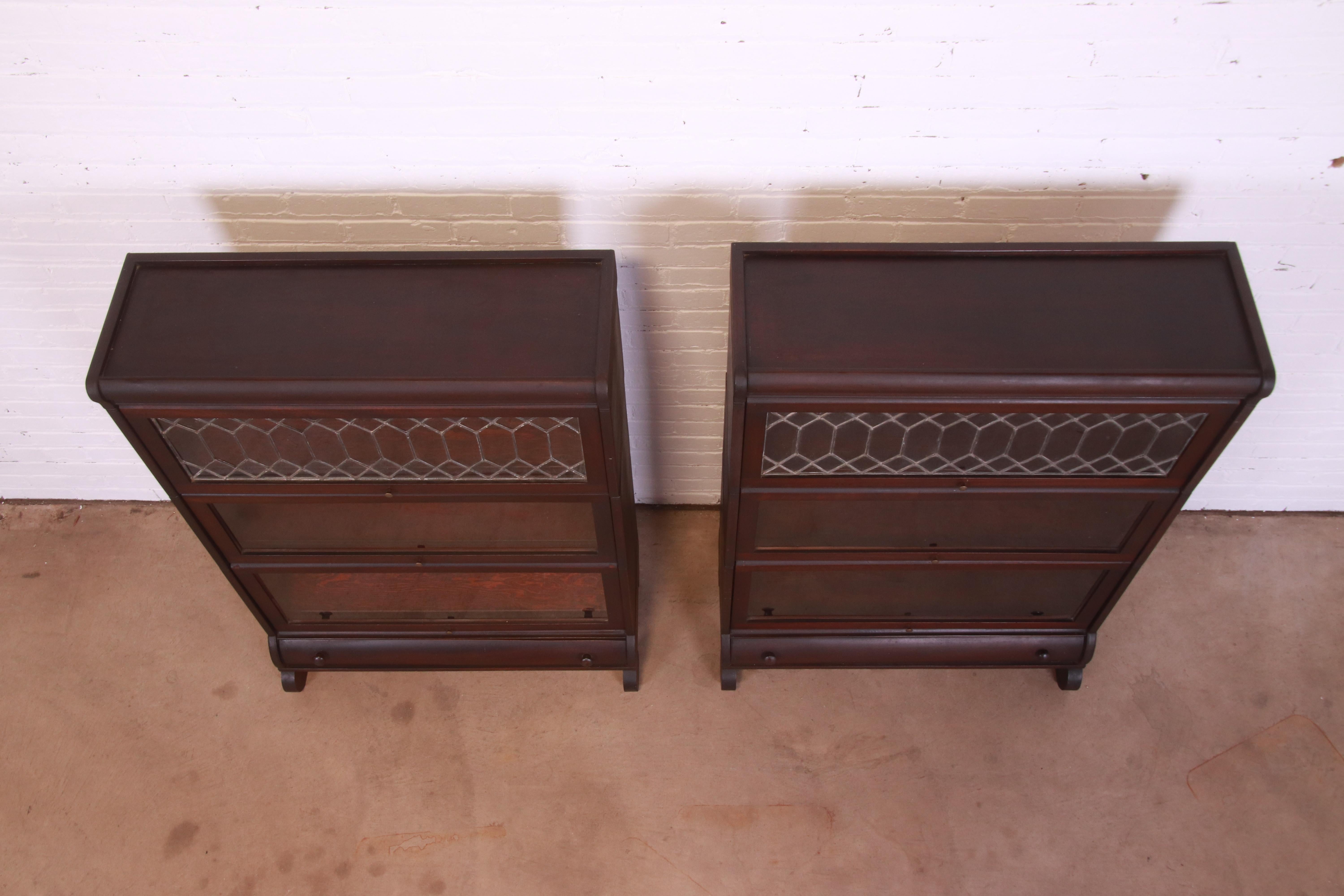 Antique Arts & Crafts Mahogany Barrister Bookcases with Leaded Glass, Pair 5
