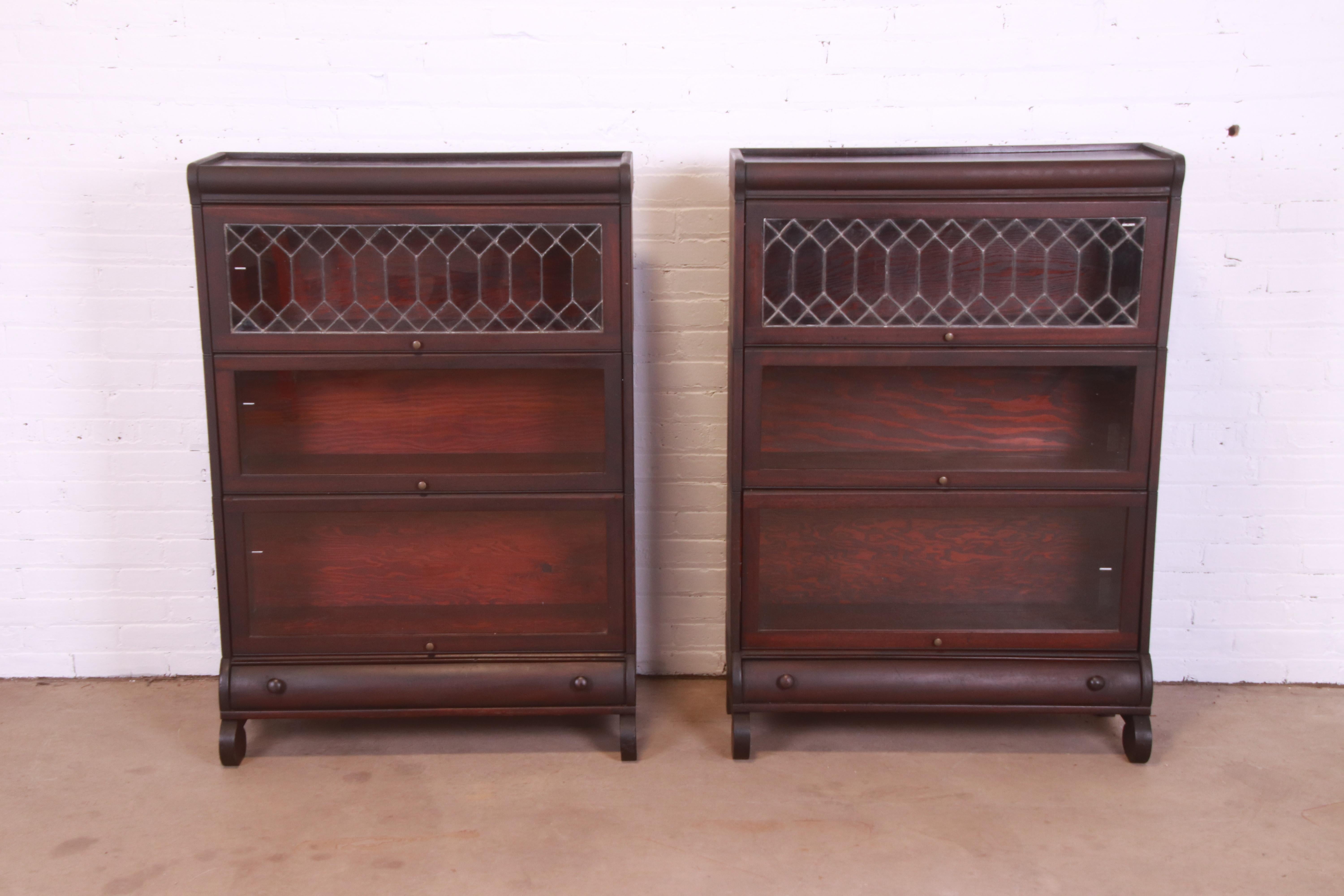 Arts and Crafts Antique Arts & Crafts Mahogany Barrister Bookcases with Leaded Glass, Pair