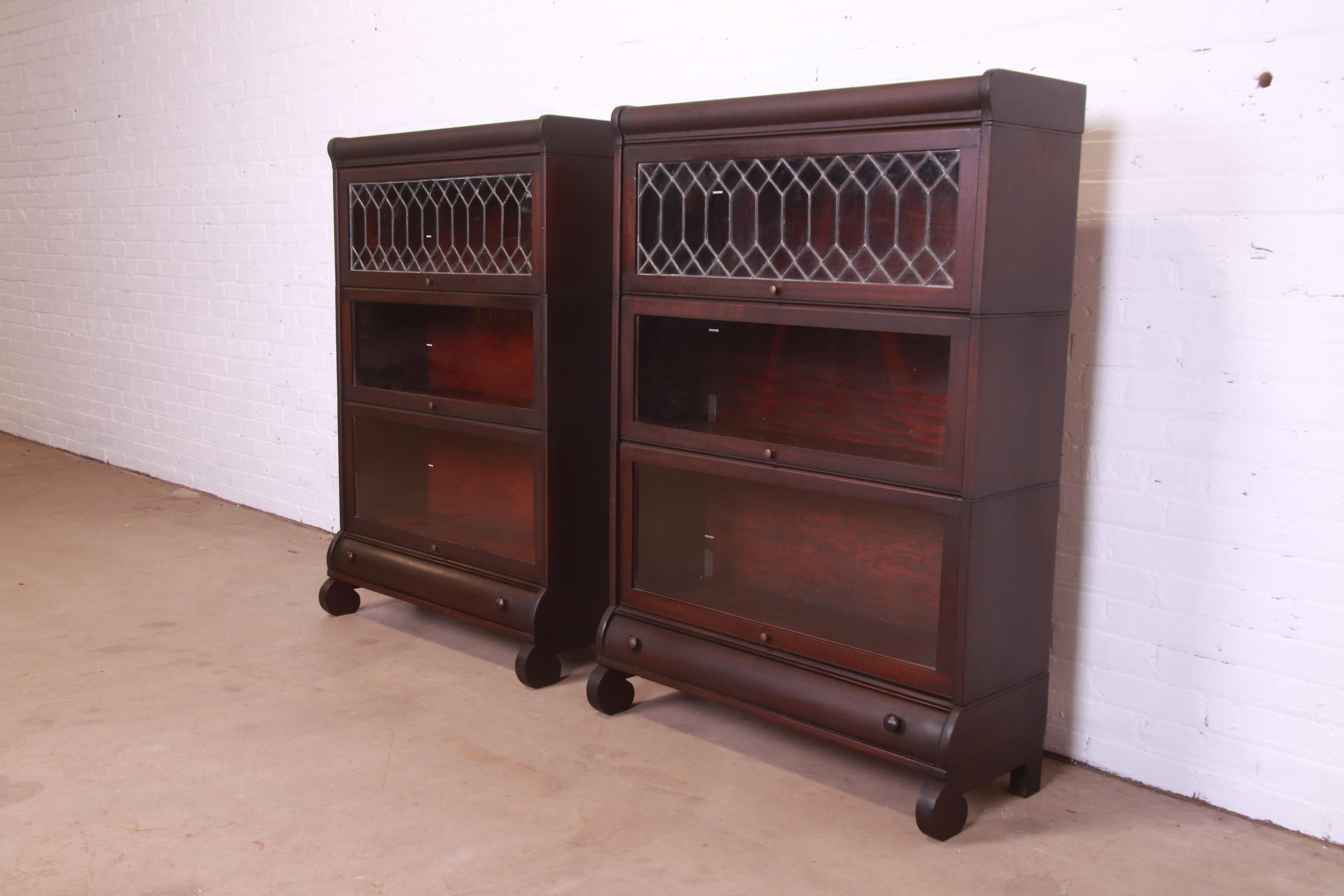 American Antique Arts & Crafts Mahogany Barrister Bookcases with Leaded Glass, Pair