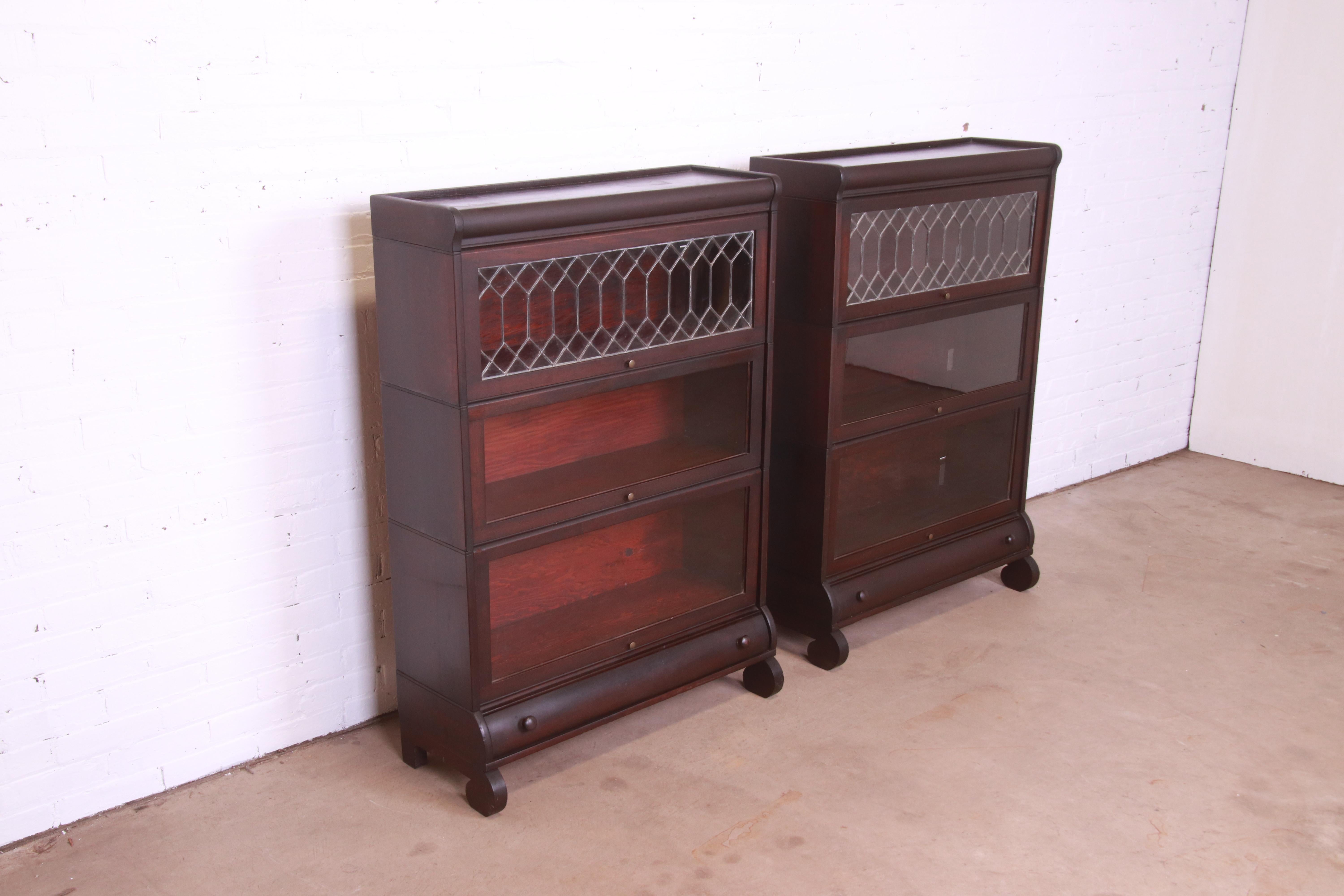 20th Century Antique Arts & Crafts Mahogany Barrister Bookcases with Leaded Glass, Pair