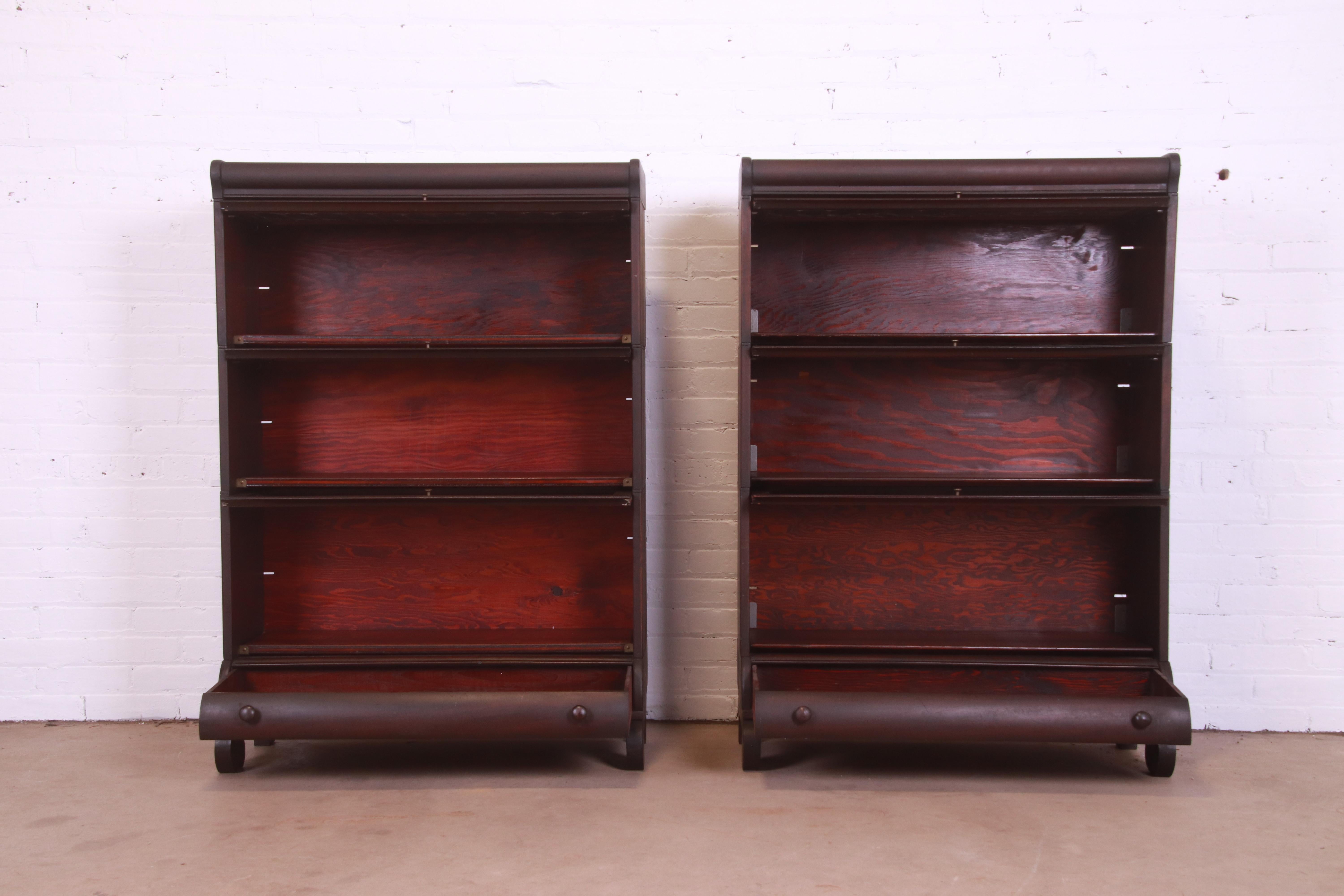 Antique Arts & Crafts Mahogany Barrister Bookcases with Leaded Glass, Pair 2