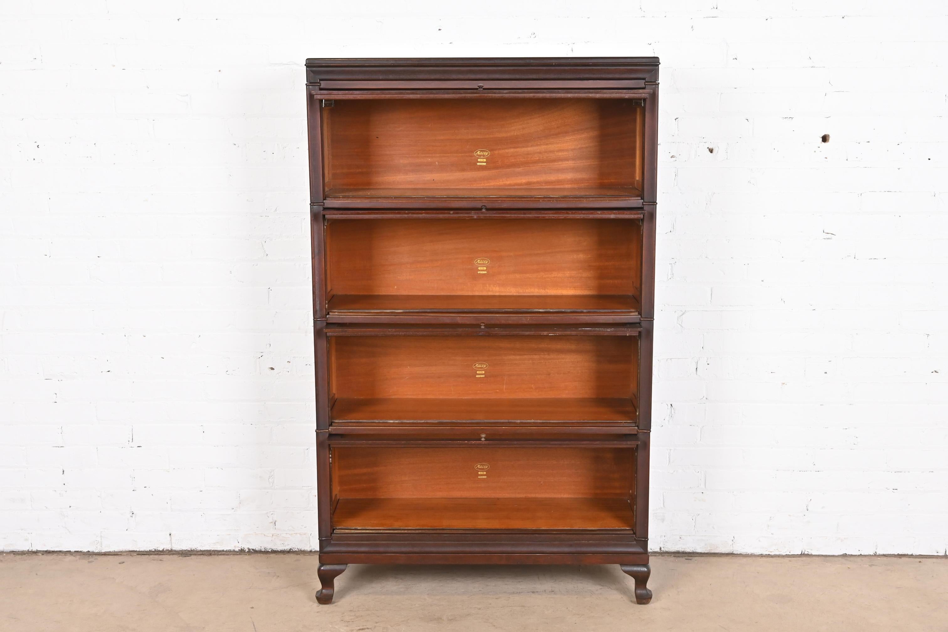 Brass Antique Arts & Crafts Mahogany Four-Stack Barrister Bookcase by Macey, 1920s For Sale