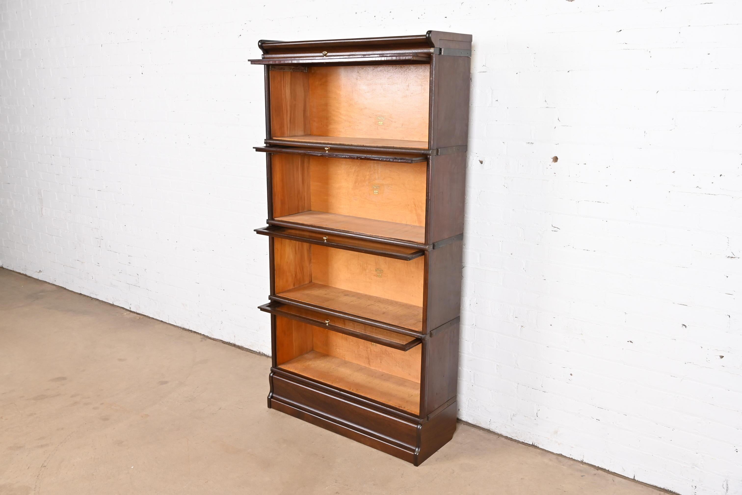 Brass Antique Arts & Crafts Mahogany Four-Stack Barrister Bookcase by Macey