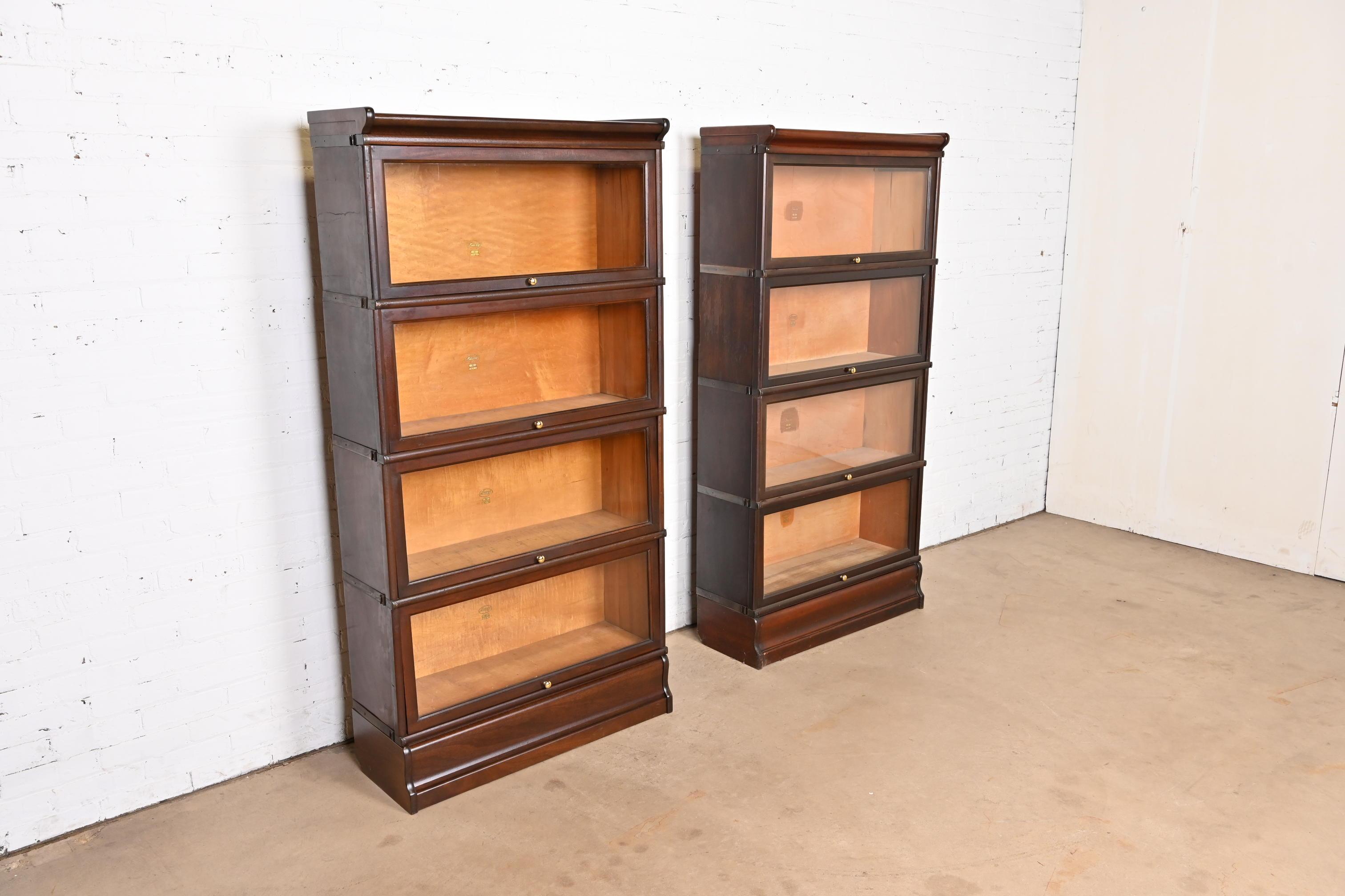 Antique Arts & Crafts Mahogany Four-Stack Barrister Bookcases by Macey, Pair In Good Condition In South Bend, IN