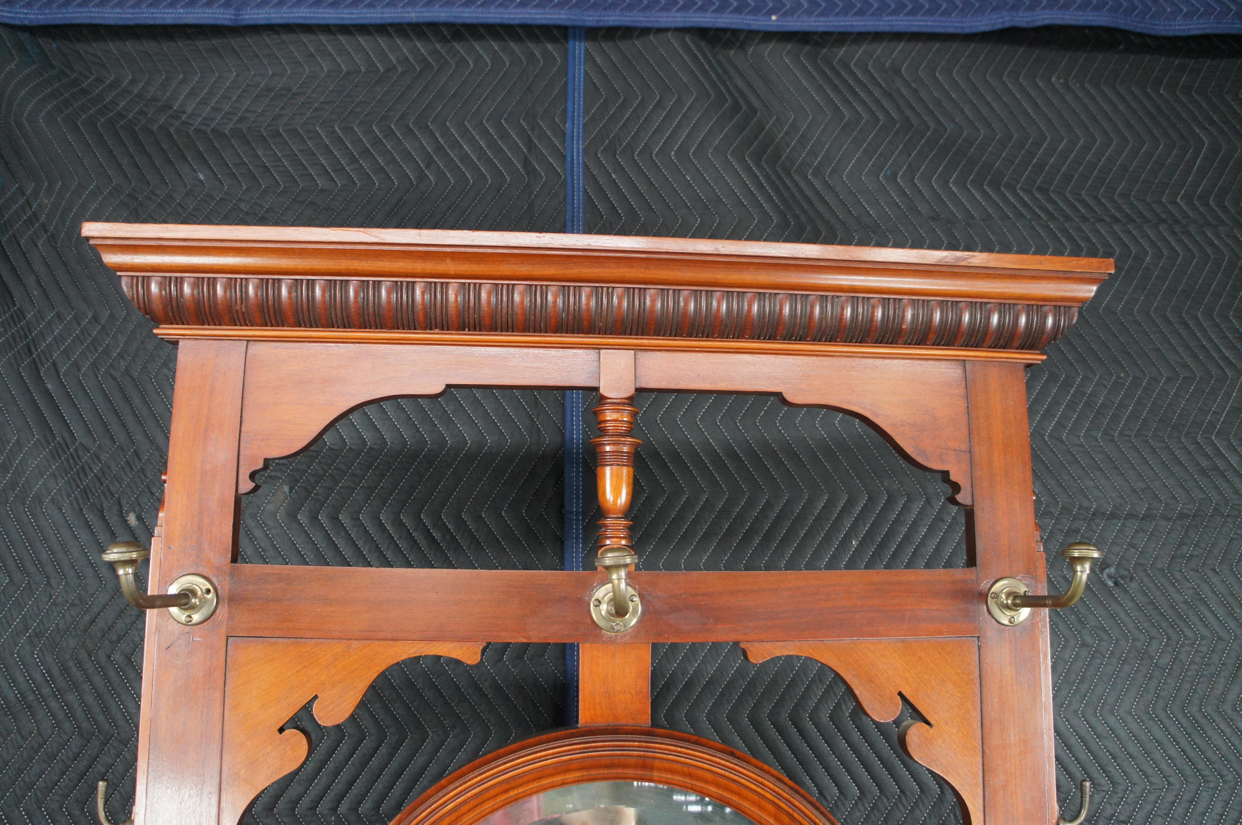 Antique Arts & Crafts Mahogany Hall Tree Stand Entry Console w Marble & Mirror For Sale 6