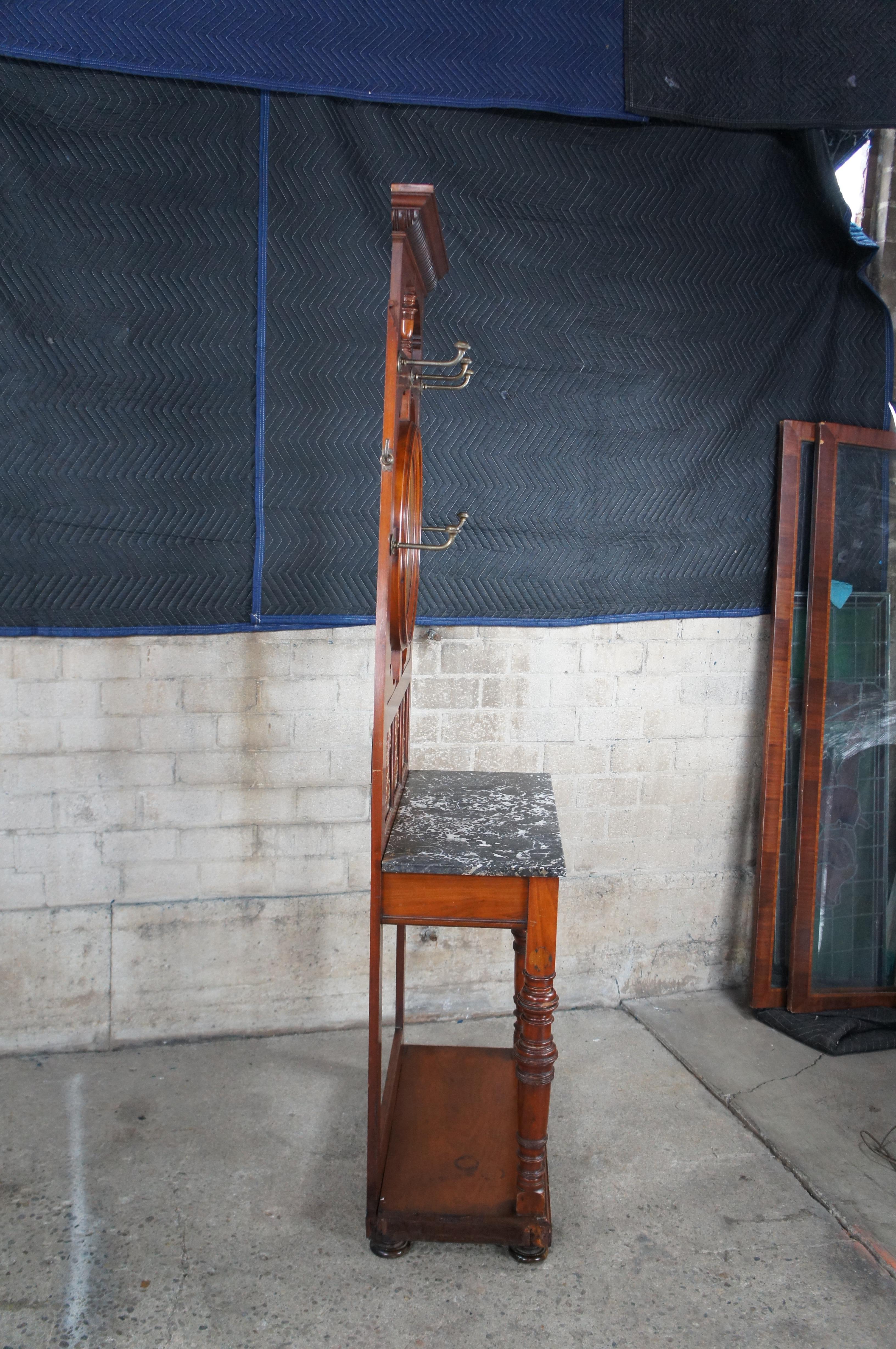Antique Arts & Crafts Mahogany Hall Tree Stand Entry Console w Marble & Mirror For Sale 7