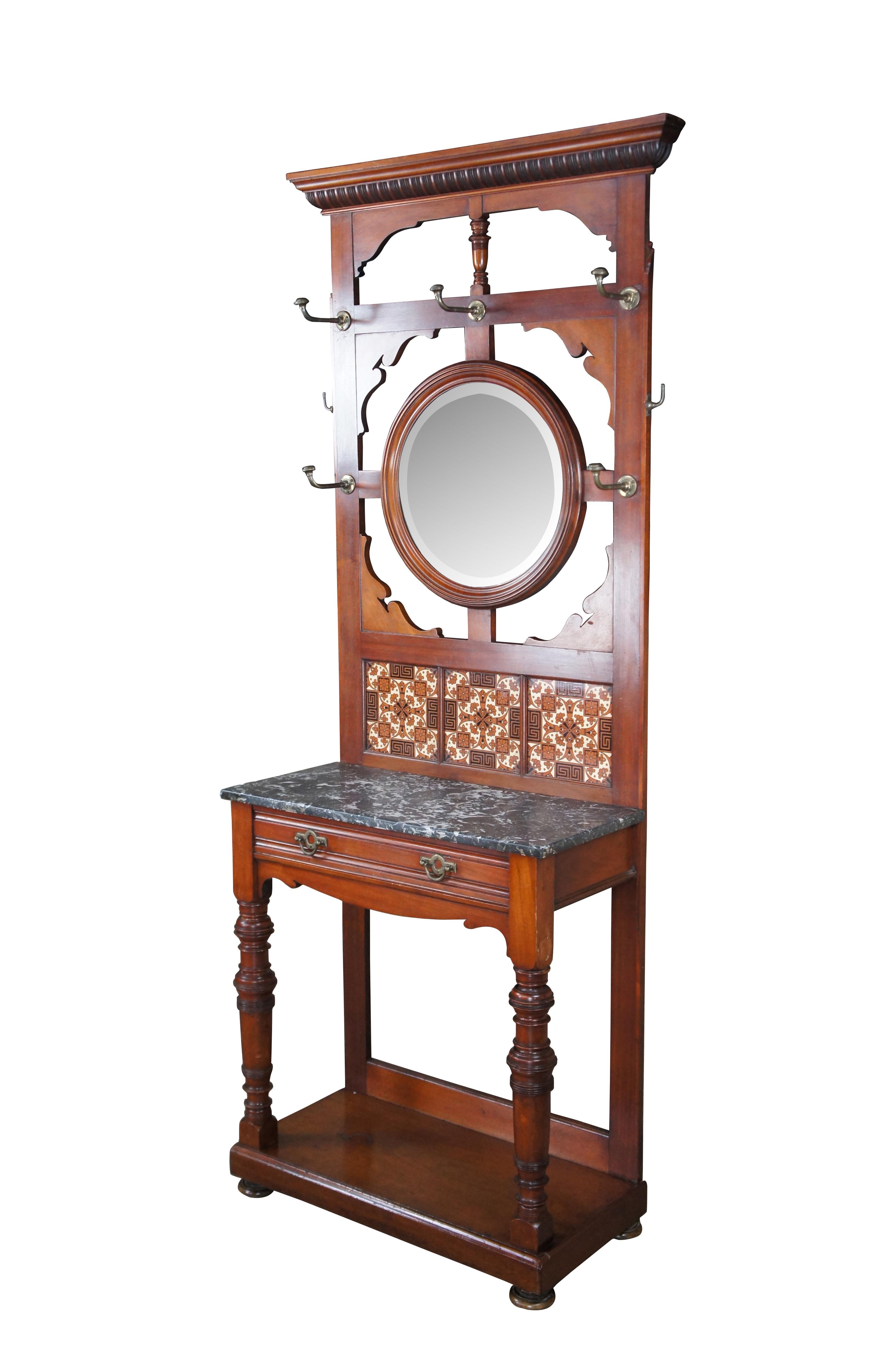Arts and Crafts Antique Arts & Crafts Mahogany Hall Tree Stand Entry Console w Marble & Mirror For Sale