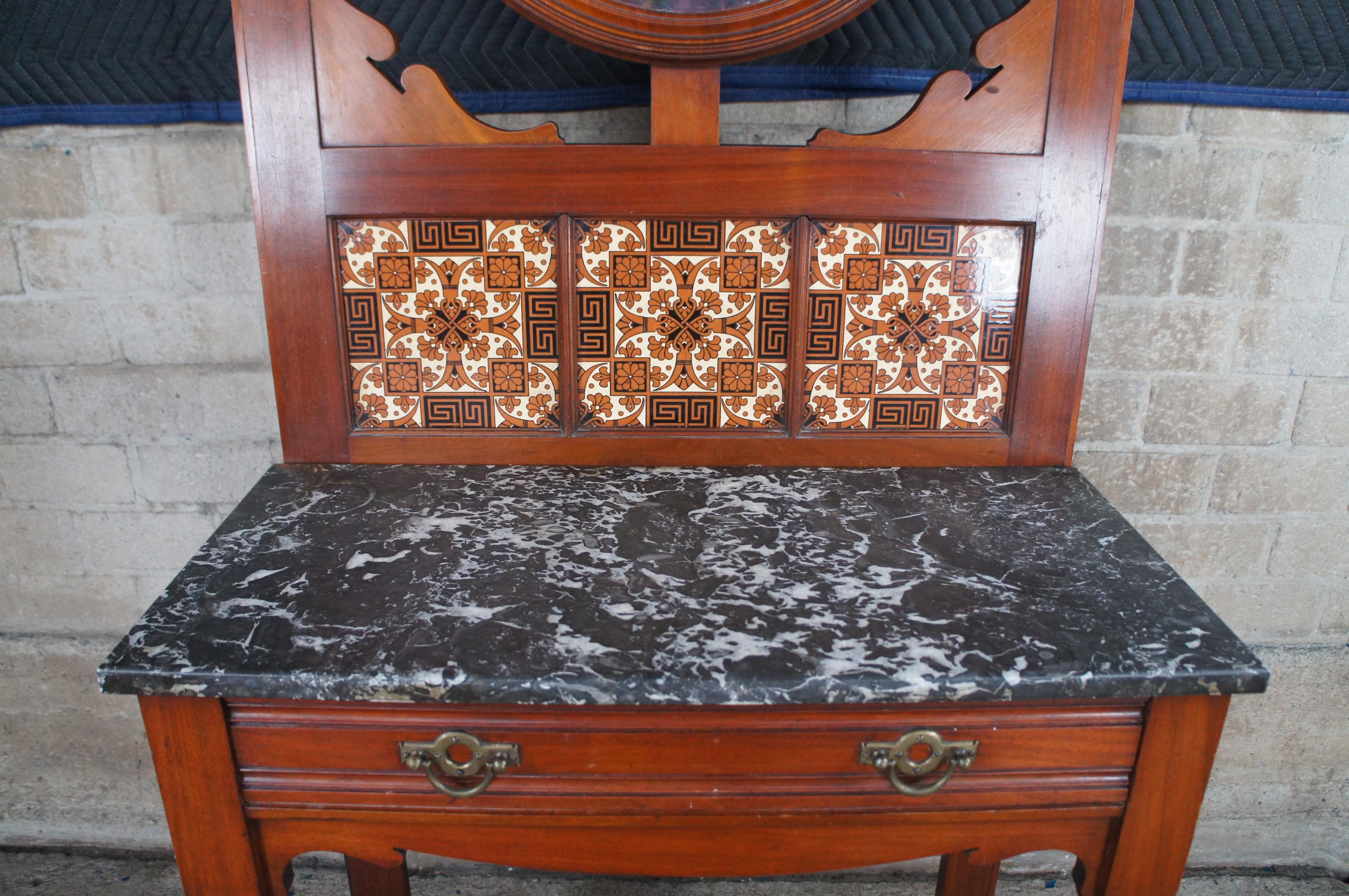 19th Century Antique Arts & Crafts Mahogany Hall Tree Stand Entry Console w Marble & Mirror For Sale