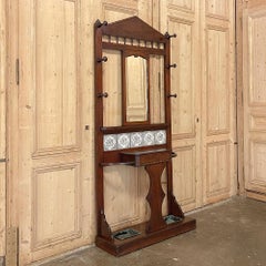 Antique Arts & Crafts Mahogany Hall Tree with Ceramic Painted Tiles