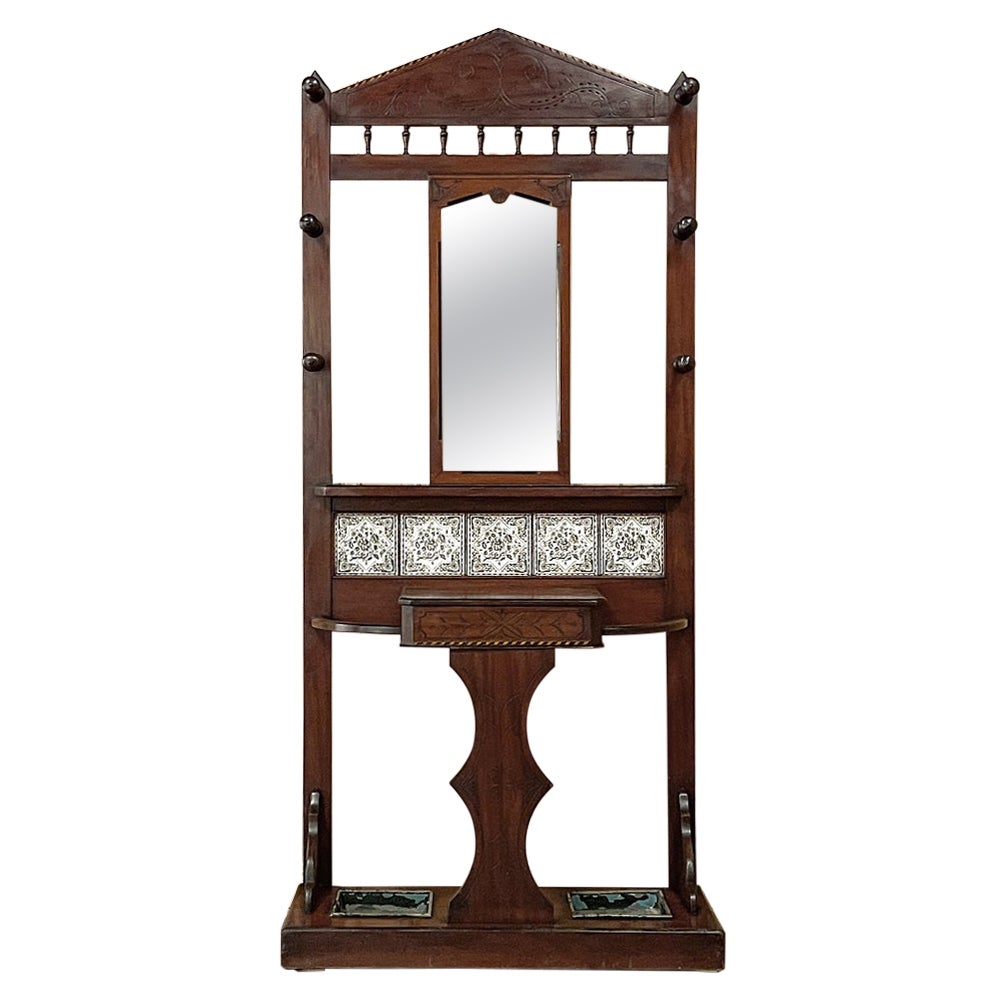 Antique Arts 
Crafts Mahogany Hall Tree with Ceramic Painted Tiles