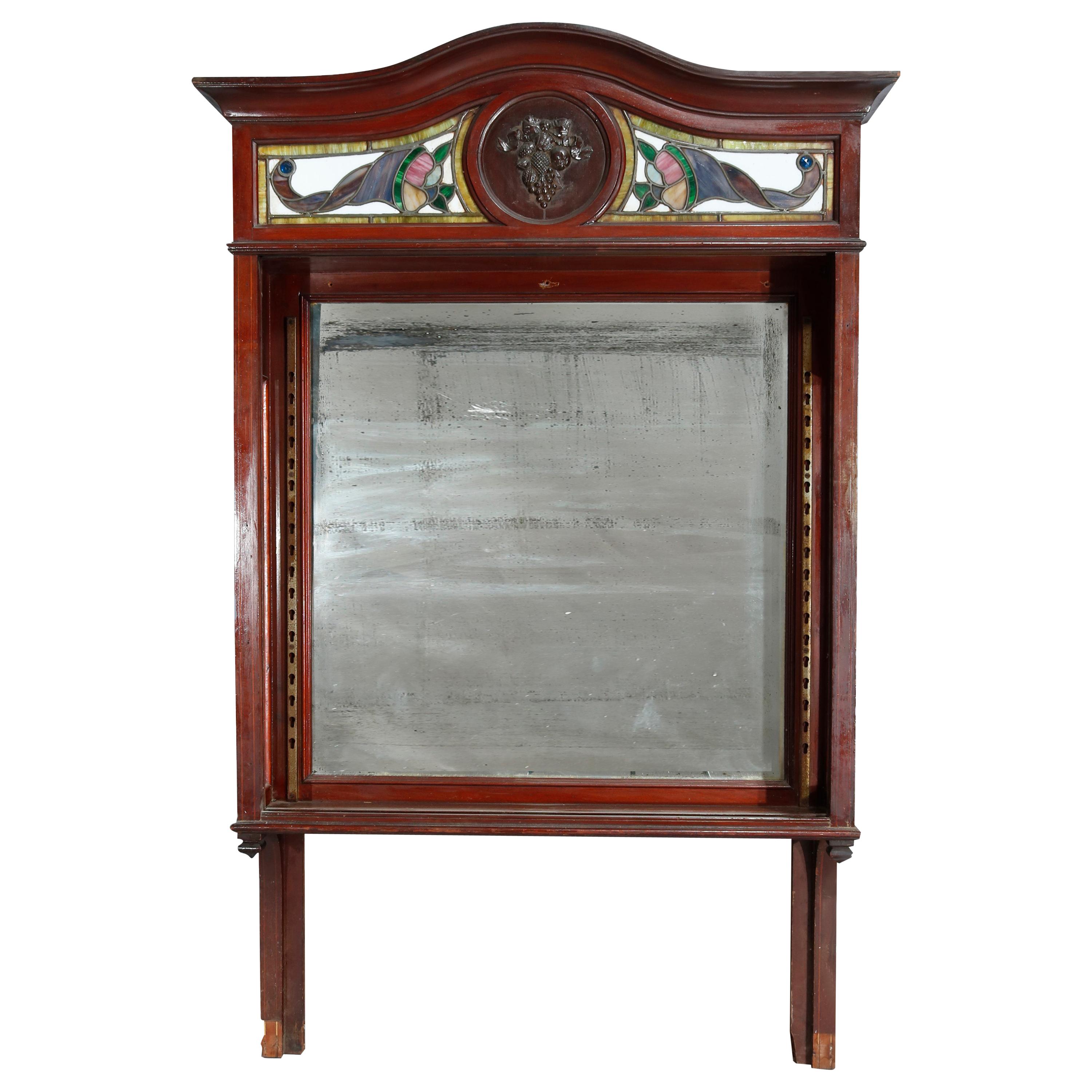 Antique Arts & Crafts Mahogany Mirrored Back Bar with Leaded Glass Cornucopia For Sale