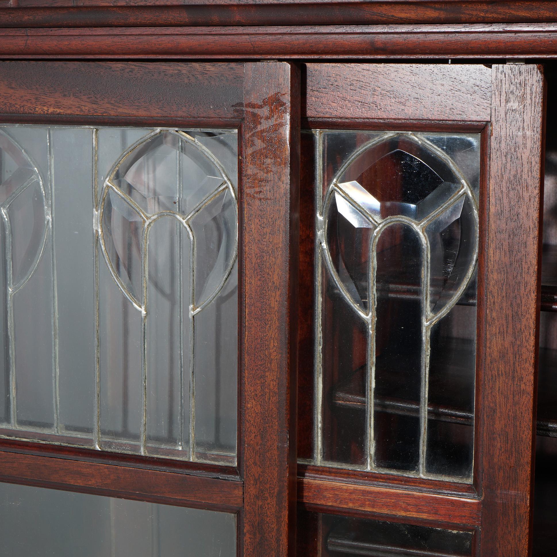 Antique Arts & Crafts Mahogany Sliding Beveled Leaded Glass Door Bookcase c1910 In Good Condition In Big Flats, NY