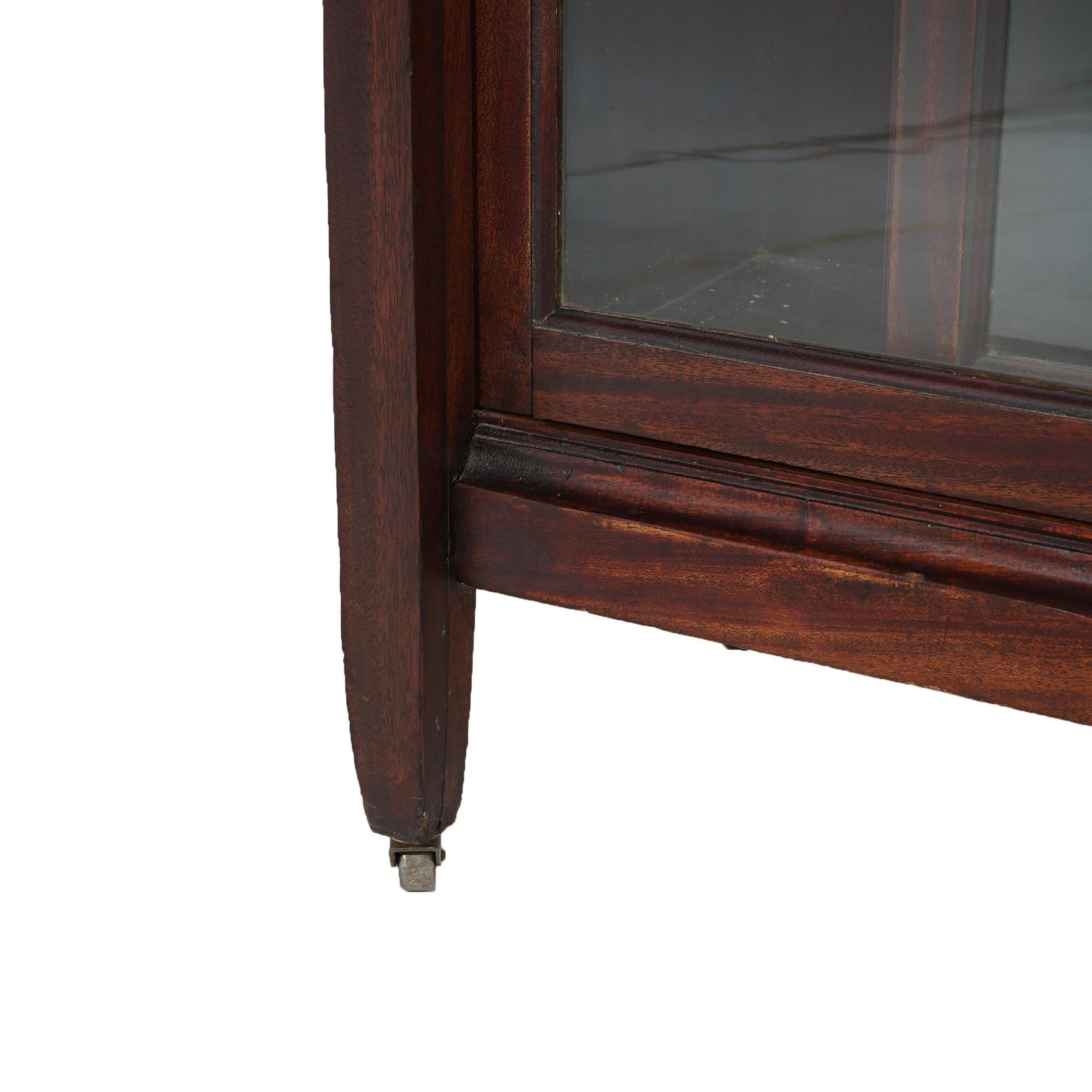 20th Century Antique Arts & Crafts Mahogany Sliding Beveled Leaded Glass Door Bookcase c1910