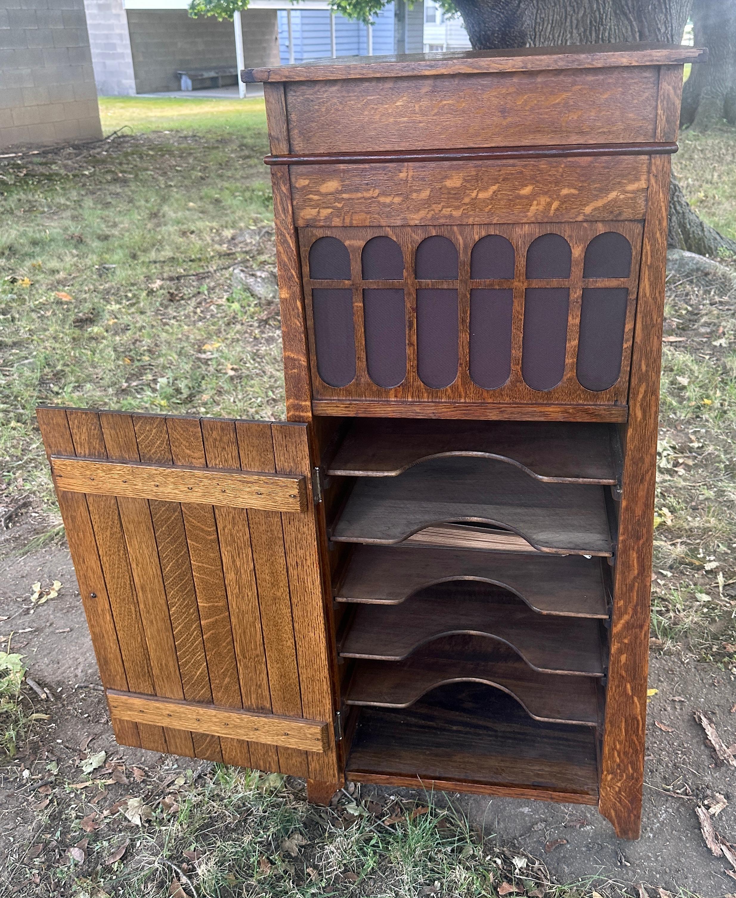 Felt Antique Arts & Crafts Manual Turntable Cabinet (Roycroft?) For Sale