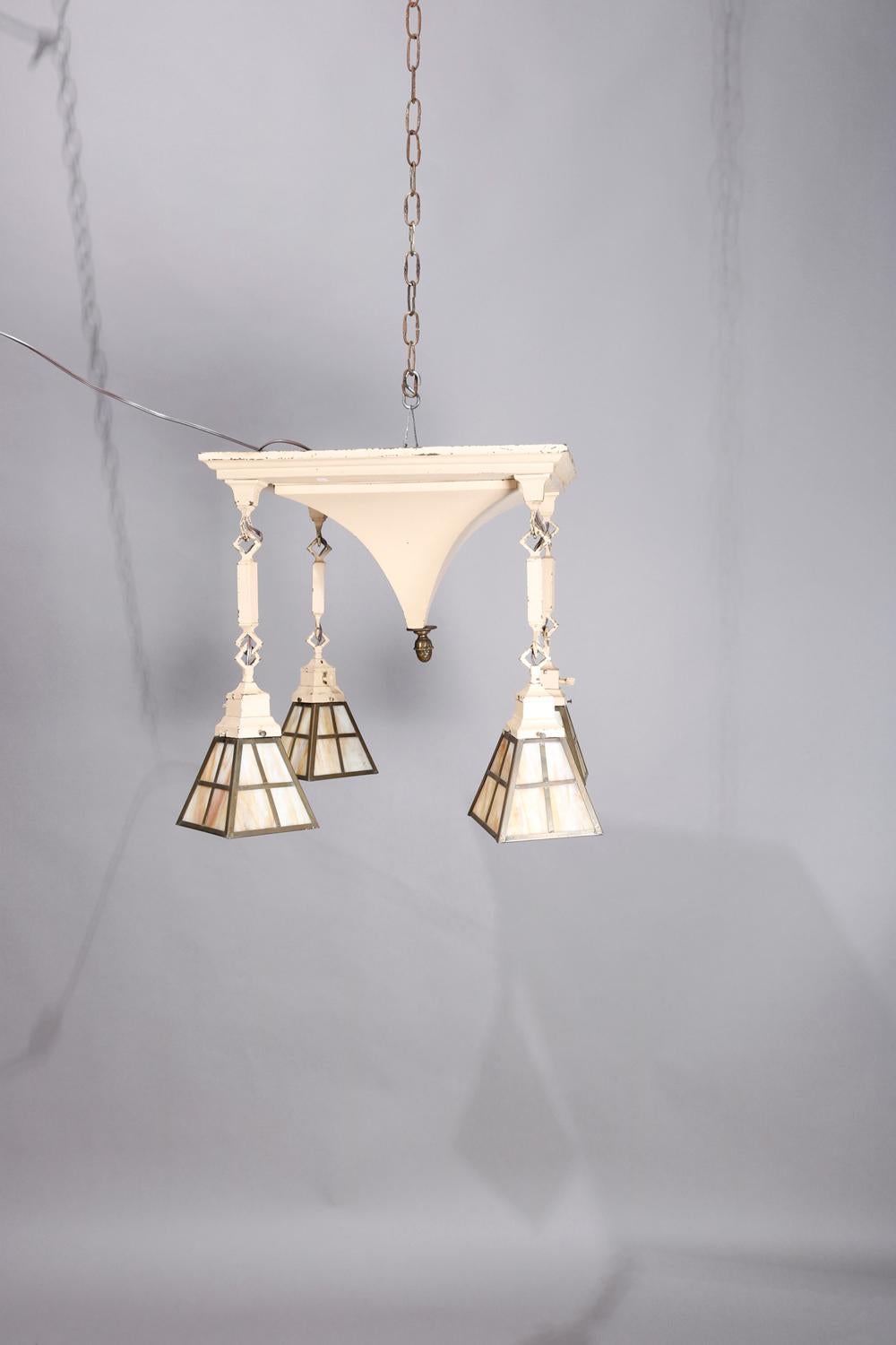 Arts and Crafts Antique Arts & Crafts Metal & Slag Glass 4-Light Pyramidal Hanging Light, c1920