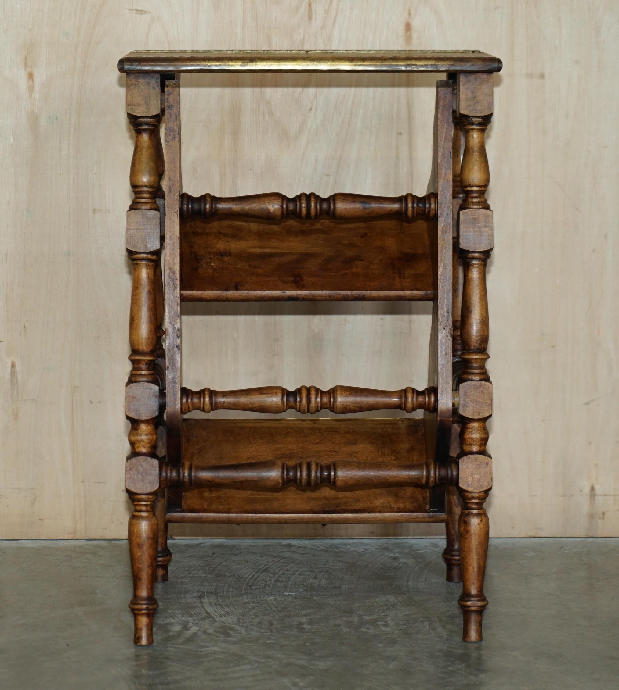 We are delighted to offer for sale this lovely antique Arts & Crafts Victorian metamorphic library steps side table in oak with period brass treads 

A very charming and highly collectable piece, designed as an at home library steps and side