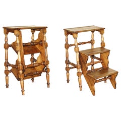 Antique Arts & Crafts Metamorphic Library Steps Ladder Side Table Brass Tread