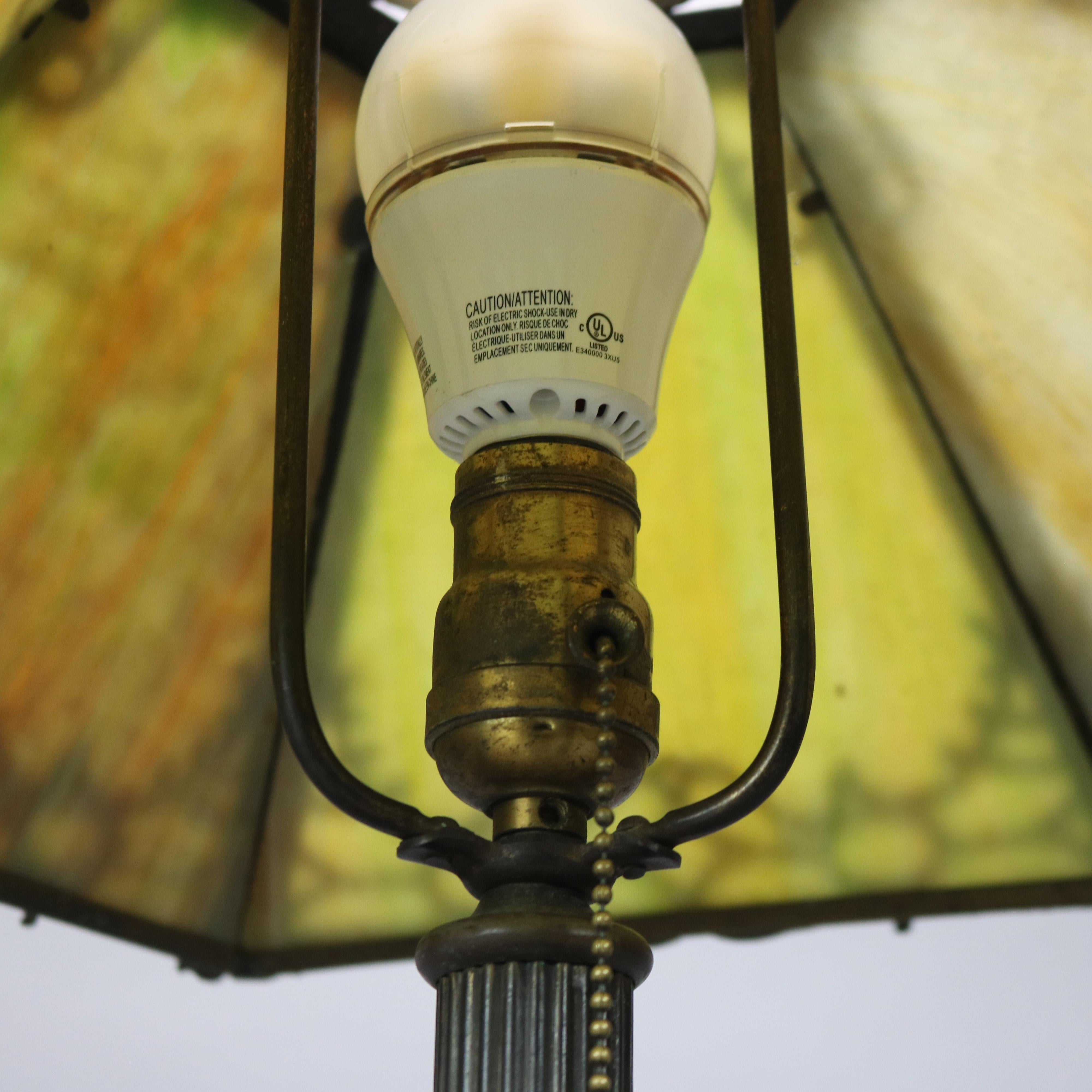 Cast Antique Arts & Crafts Miller Lamp Co. Slag Glass Table Lamp circa 1920