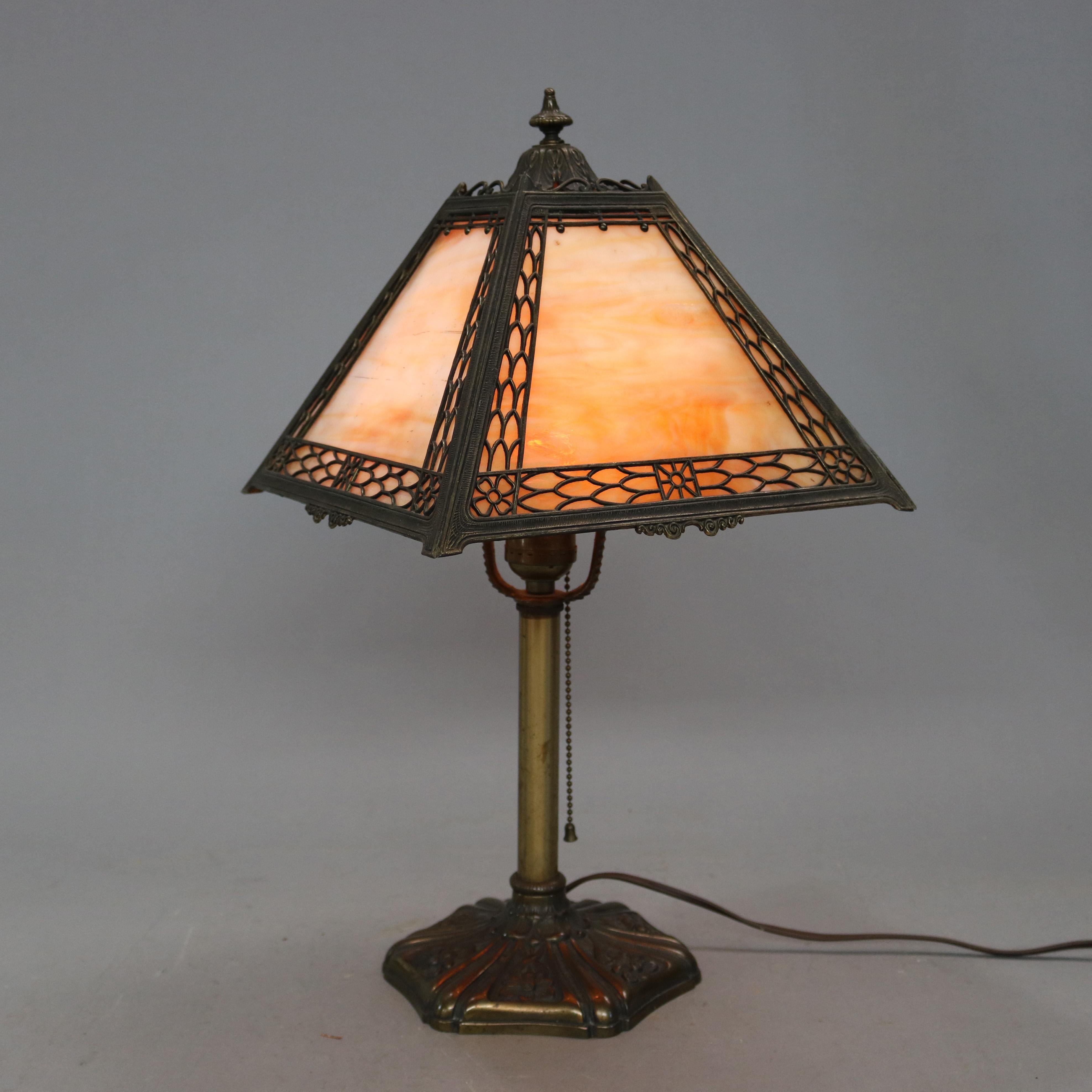 Américain Antique Arts & Crafts Miller Panel Slag Glass Lamp:: circa 1920