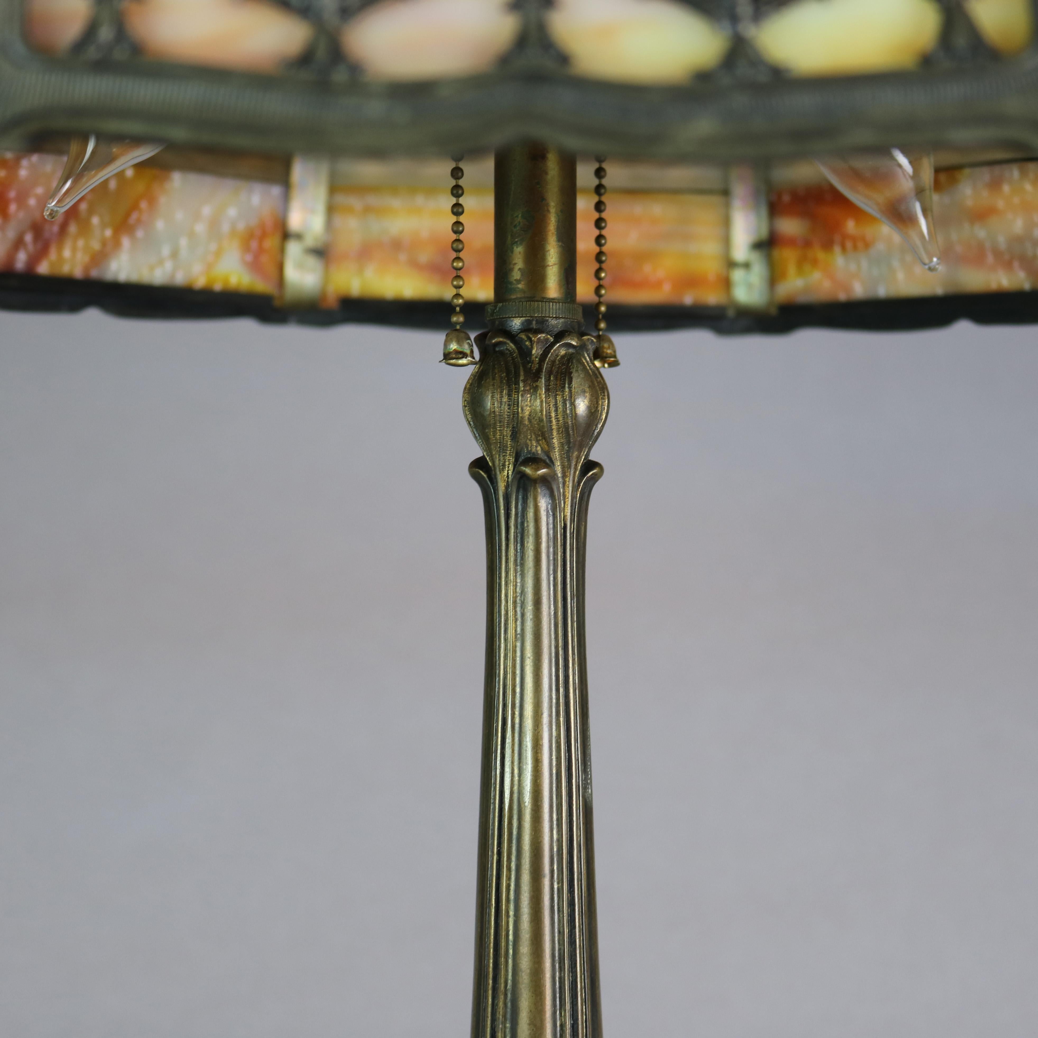 Arts and Crafts Antique Arts & Crafts Miller School Slag Glass Foliate Filigree Table Lamp c1920