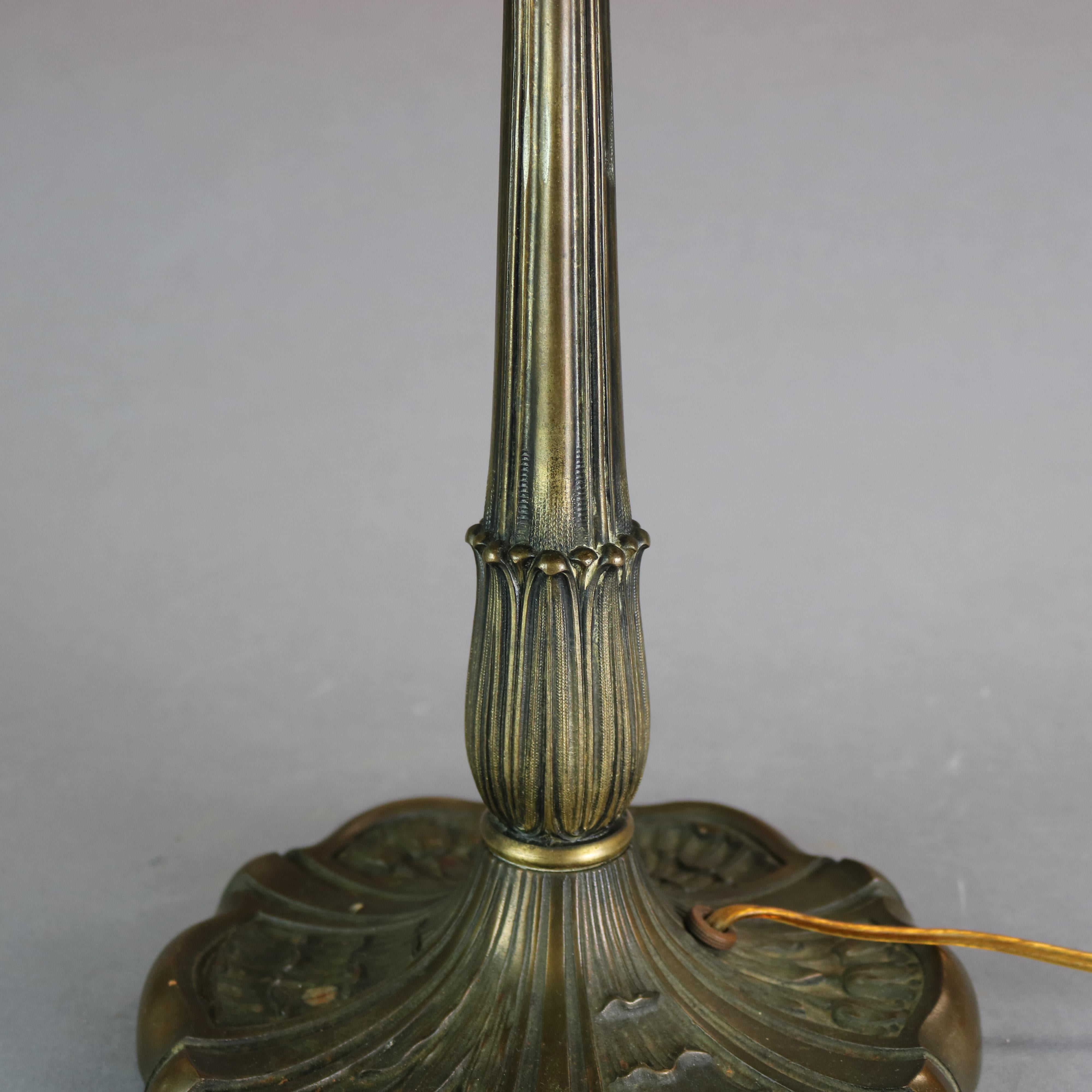 North American Antique Arts & Crafts Miller School Slag Glass Foliate Filigree Table Lamp c1920