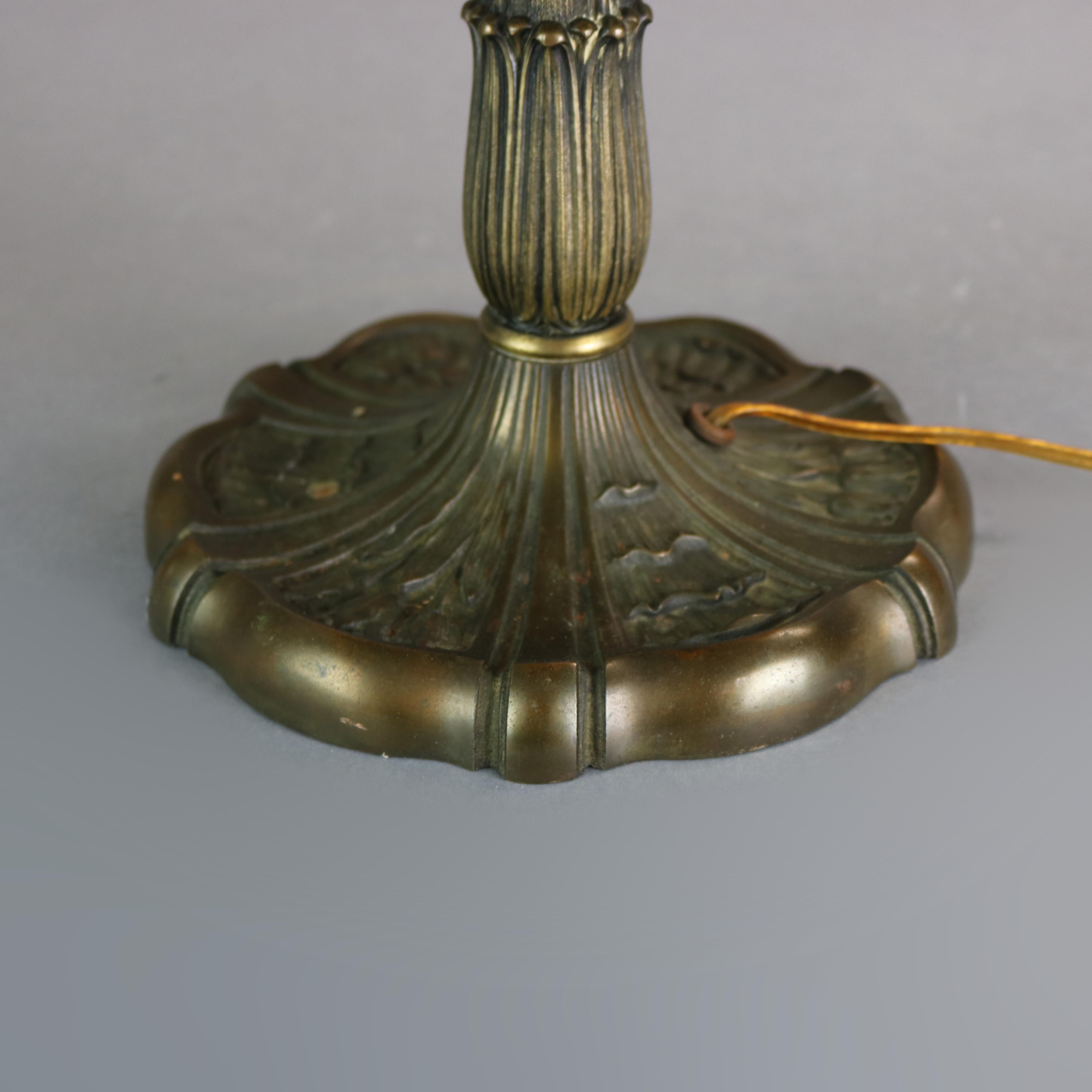 Cast Antique Arts & Crafts Miller School Slag Glass Foliate Filigree Table Lamp c1920