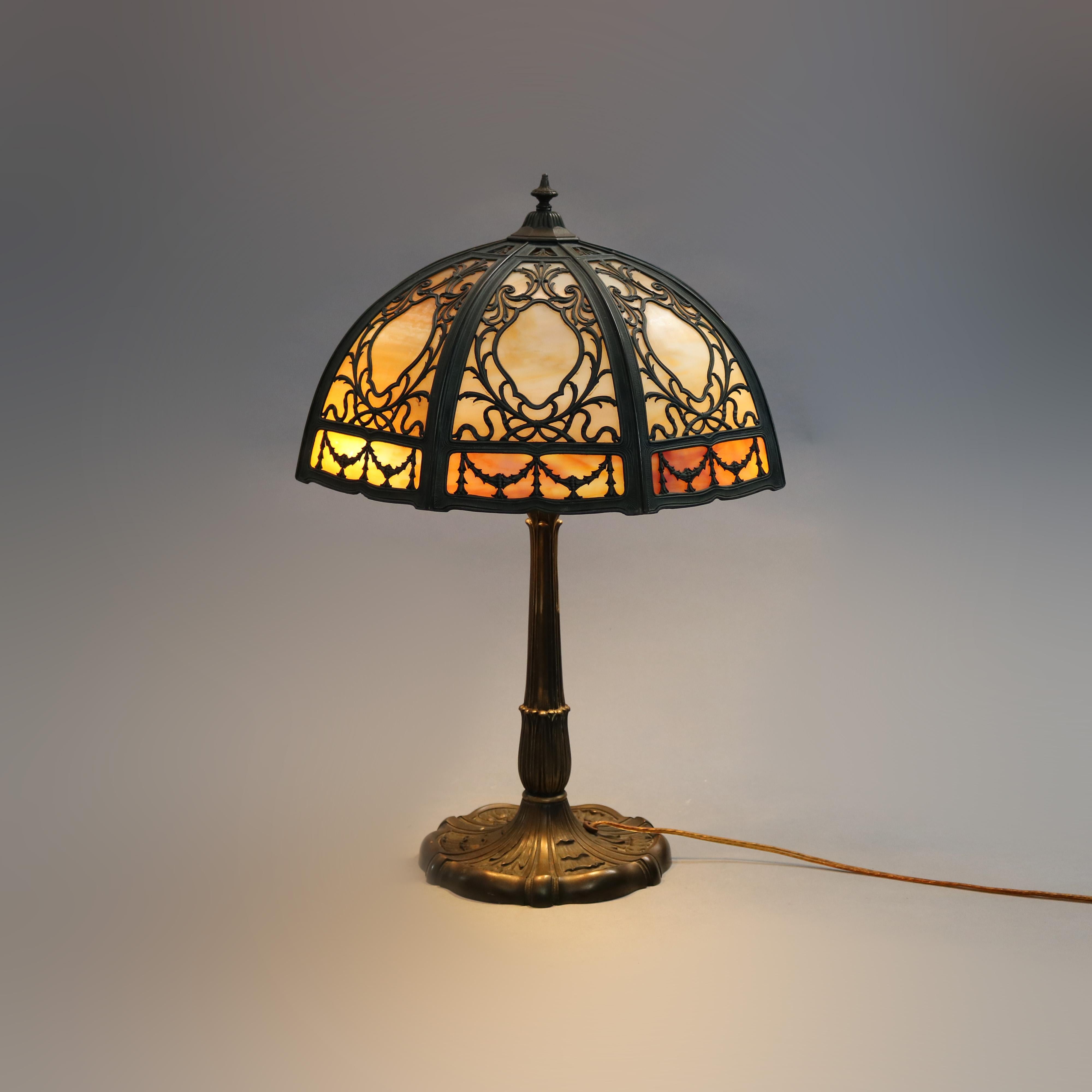 Antique Arts & Crafts Miller School Slag Glass Foliate Filigree Table Lamp c1920 In Good Condition In Big Flats, NY
